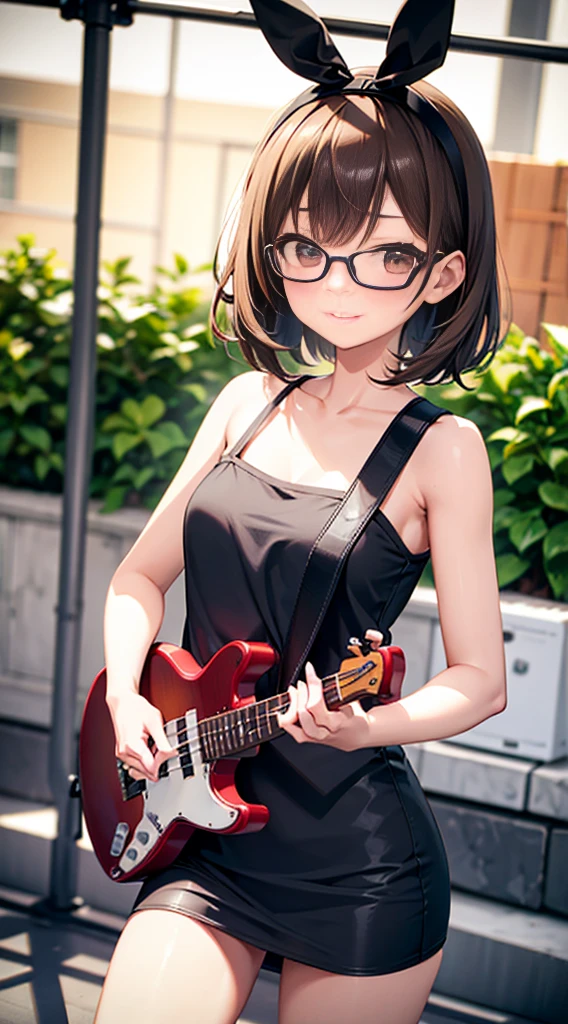 (masutepiece, Best Quality, Capture super cute moments, depth of fields, ultra-detailliert, Ultra High Resolution, C4D, Octadale, 3D Modeling, 8K, 16 K, one girls,a junior high school student, ,A dark-haired,short-hair,straight haired,Light brown eyes, horseshoe-shaped hairband,wearing black glasses,Cute face) 、bass guitar、Play the bass
