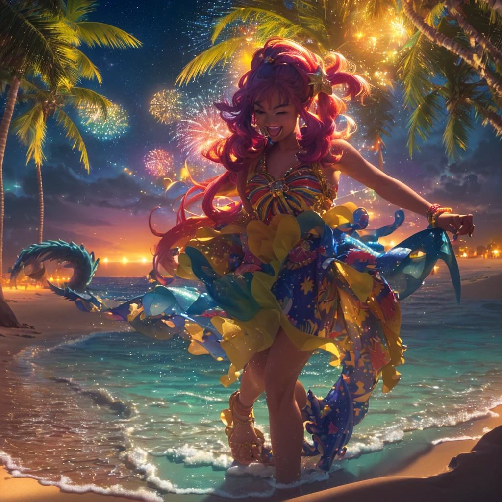 (best quality,4k,8k,highres,masterpiece:1.2),ultra-detailed,(realistic,photorealistic,photo-realistic:1.37),illustration,beach,comedy,dragons,cartoonish,vivid colors,tiny cats,party,mischief,moonlight,beach balls,cocktails,music,dancing,tropical,funny,laughter,sunset,sparkling waves,luminous moon,playful,joyful,merry,summertime,vibrant atmosphere,surrounded by palm trees,endless sand,starry night,dazzling fireworks,magical moments,colorful costumes,humor-filled,animated expressions,cheerful spirits,unforgettable memories