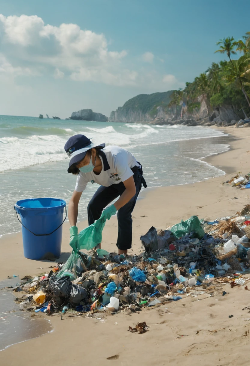 To protect the beach environment, some environmental organizations organize beach cleaning activities. Volunteers gather on the beach, pick up garbage, and maintain the cleanliness and beauty of the beach, (best quality, masterpiece, Representative work, official art, Professional, Ultra intricate detailed, 8k:1.3)