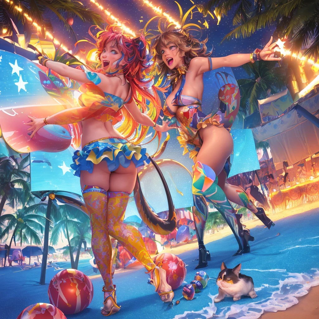 (best quality,4k,8k,highres,masterpiece:1.2),ultra-detailed,(realistic,photorealistic,photo-realistic:1.37),illustration,beach,comedy,dragons,cartoonish,vivid colors,tiny cats,party,mischief,moonlight,beach balls,cocktails,music,dancing,tropical,funny,laughter,sunset,sparkling waves,luminous moon,playful,joyful,merry,summertime,vibrant atmosphere,surrounded by palm trees,endless sand,starry night,dazzling fireworks,magical moments,colorful costumes,humor-filled,animated expressions,cheerful spirits,unforgettable memories