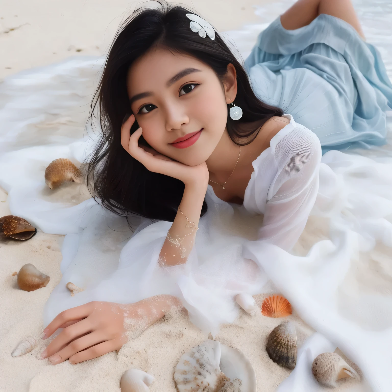 Generate img
TYPE : Beauty Photography
THEME : Natural 
RACE : Indonesian, young
PERSON 1 : Early 20s, woman
SCENE : outdoor , a woman is lying on White sand beach , covered by sea waves, lie up , open eyes , smile , cute expression , surrounded by white sand and sea water, small shells. The person is wearing a white blouse and a light blue long skirt that full covers her legs, and their dark hair is spread out around them. , half body view
PROPS: white sand and sea water, small shells , long full closed skirt
CAMERA : photographed using an Canon eos 90d DSLR camera with 18-135mm lens
, best preset lighting , skin texture , detailed face , 
ANGLE : angled from sky ,High Dynamic Range (HDR) shot , rule of third
adjust the gesture as in the example image