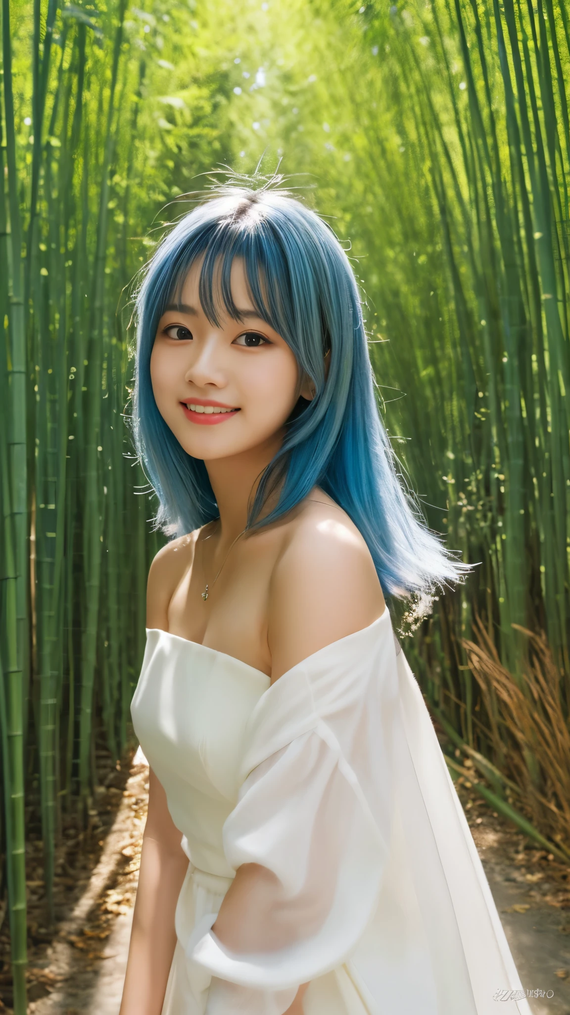 masterpiece, highest quality, official art, 8k wallpaper, very detailed, figure, 1 girl, sky blue hair, long hair, fine eyes, forest gump, bare shoulders, Hanfu, lake, Pure, soft smile, bamboo, tea