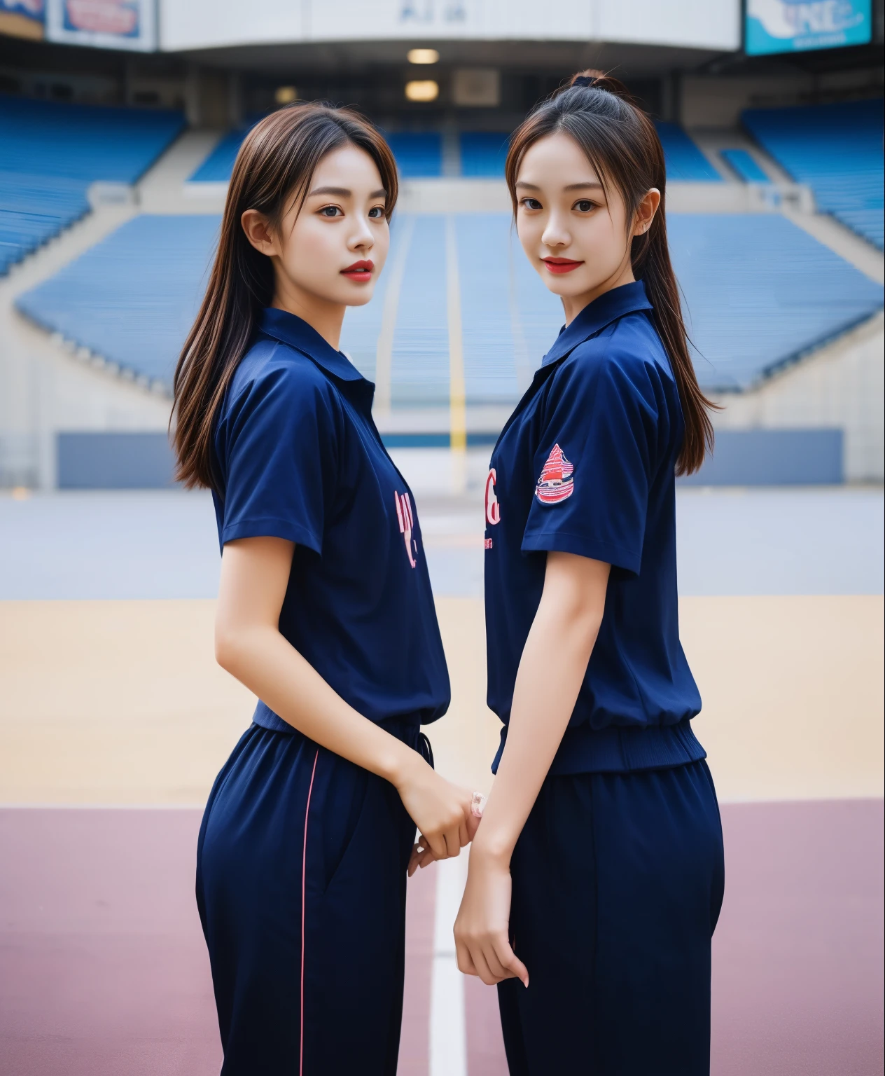(best quality,10,10,height,Masterpiece:1.2),Special details,(realistic,ภาพrealistic,Realistic photos:1.37),1 cute girl on the football field,shiny, ผิวshiny,only,smile softly,BDclothelue shirt:1.3)),short sleeve,shirt, กางเกงขาlong.,(navy_long_track pants:1.1), ((stadium background:1.3)),Dynamic angle,excited,Face focus,dynamic poses,from behind,focus on ass,Masterpiece, best quality, ultra realistic, hyper-detail, 8K resolution, raw photos, Sharp focus, ((Navy blue shirt:1.1)), short sleeve, เส้นทางlong, perfect body, 2 mature women, 18 years old, Cinema-grade lighting system,blue sweatpants,shirtผ้าออกกำลังกาย,correct anatomy,perfect body, correct body, Sharp face, correct bodyทางกายวิภาค, full body, realistic gestures, long-haired, realistic poses,Wear long shorts................................,ช่วงขาlong,Good shape,carved girl, Slender figure, model, Good shape, beautiful body,blue sweatpants, two girls kissing