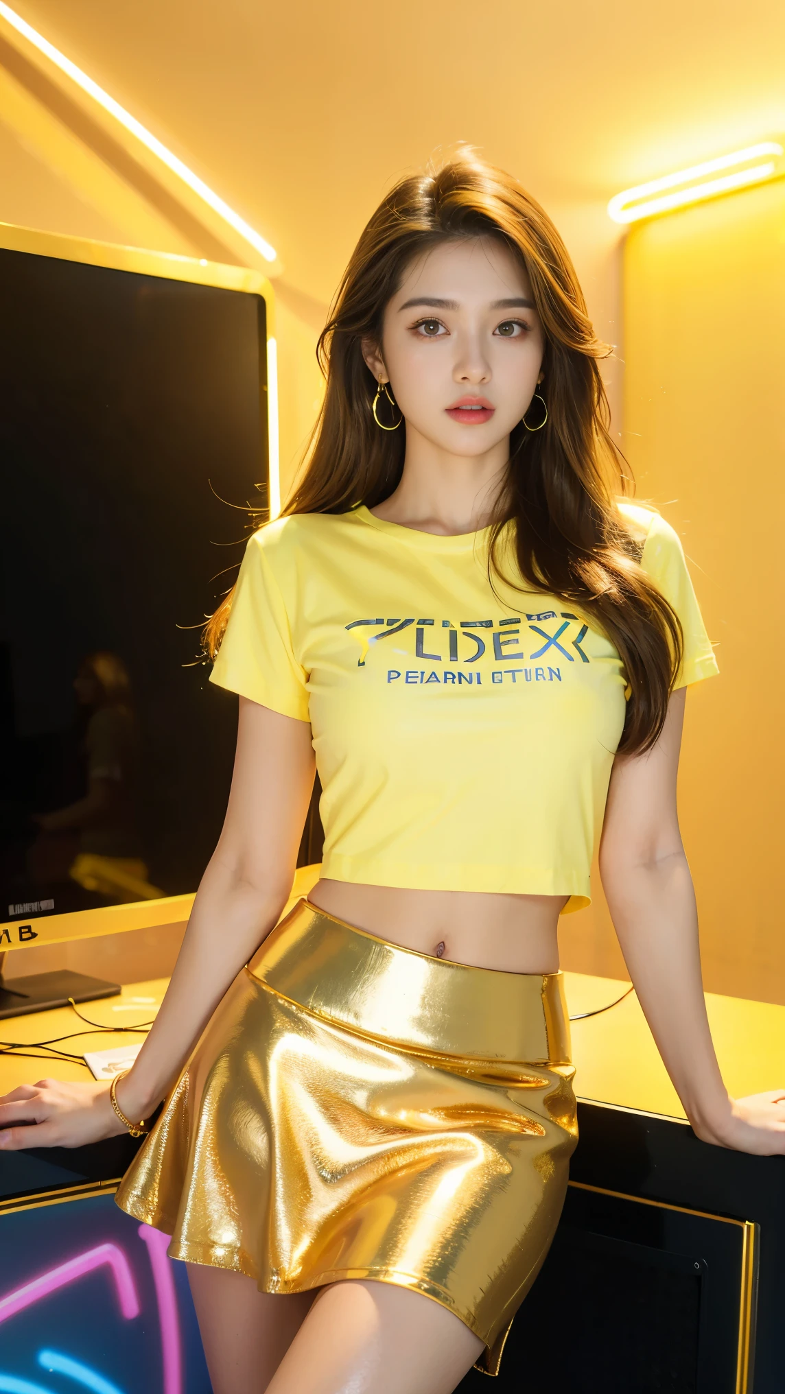 8K, ultra HD, masterpiece, 1 girl, good face, loong hair, detailed eyes, detailed lips, (perfect beautiful Curved figure), (half t-shirt:1.5), (golden color:1.5), (plated skirt:1.5), computer graphics room, (neon lights:1.5), spreading lights, LED screen, ground reflection, dark room, (Unreal Engine 5), hands of breasts,