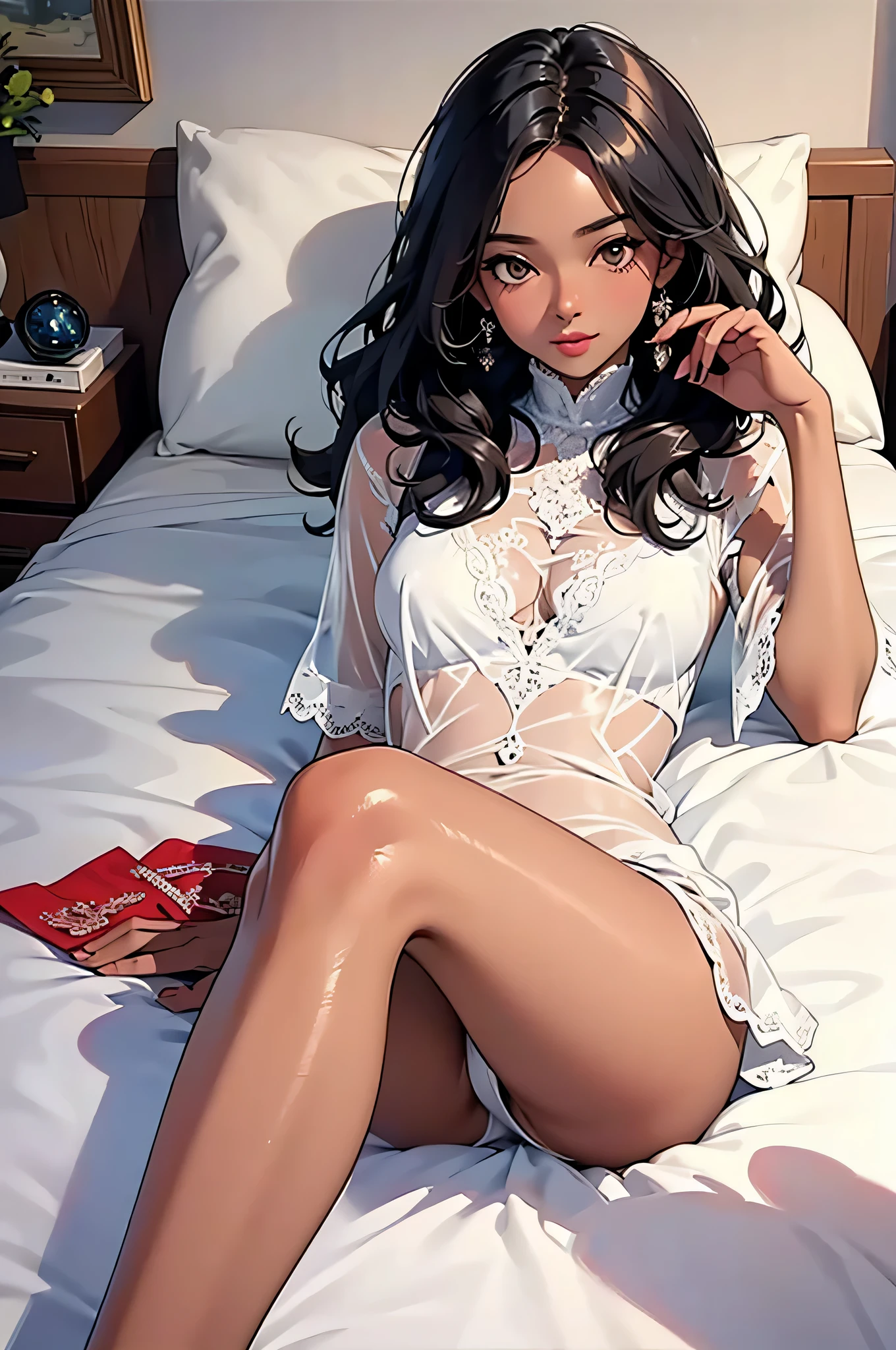 /imagine OriginalPhotographs:1.2), (extremely lifelike:1.4), beautiful detailed girl,african american, dark skin, curly hair, high resolusion, premier quality, (((royal)), (See_Through)), ((Sit, bent knees)), ((Complex details)), (See_ Through_Fabric)), a whole body, ((( and slender body))), Beautiful and delicate whole body, ((Emphasis room,)), (Bed room)), ( pose emphasizes bust))),((laying on bed)),((Head pillow))