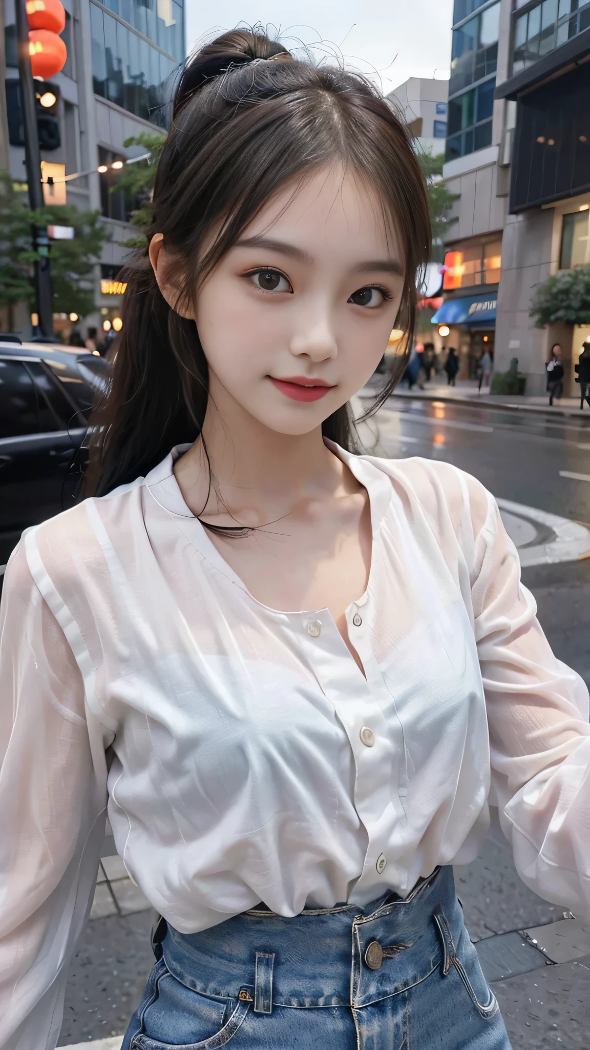 european cityscape,one woman,full body photo,table top, best image quality, high quality, The background is clear,Beautiful woman, Japanese, be familiar with, be familiar with eyes, be familiar with skin, beautiful skin, 超High resolution, (reality: 1.4),very beautiful woman, a little young face, beautiful skin, thin, (ultra photoreal sim), (High resolution), (8k), (非常にbe familiar with) (beautiful detailed eyes), (超be familiar with), (be familiar with face), view viewer, small details, be familiar with face, look straight ahead, look straight ahead, reality的な写真, bright lighting, professional lighting, black hair,ponytail,a baby face,15 years old,髪型はponytailです,ロングponytailの髪型,slight smile,neatly organized clothes,european cityscape,Beautiful Japanese KPOP idol photo, ヘアスタイルはponytailです, my eyes are double and wide, baby face, smile and look straight ahead, thin, small breasts,formal shirts,jeans,close up face,