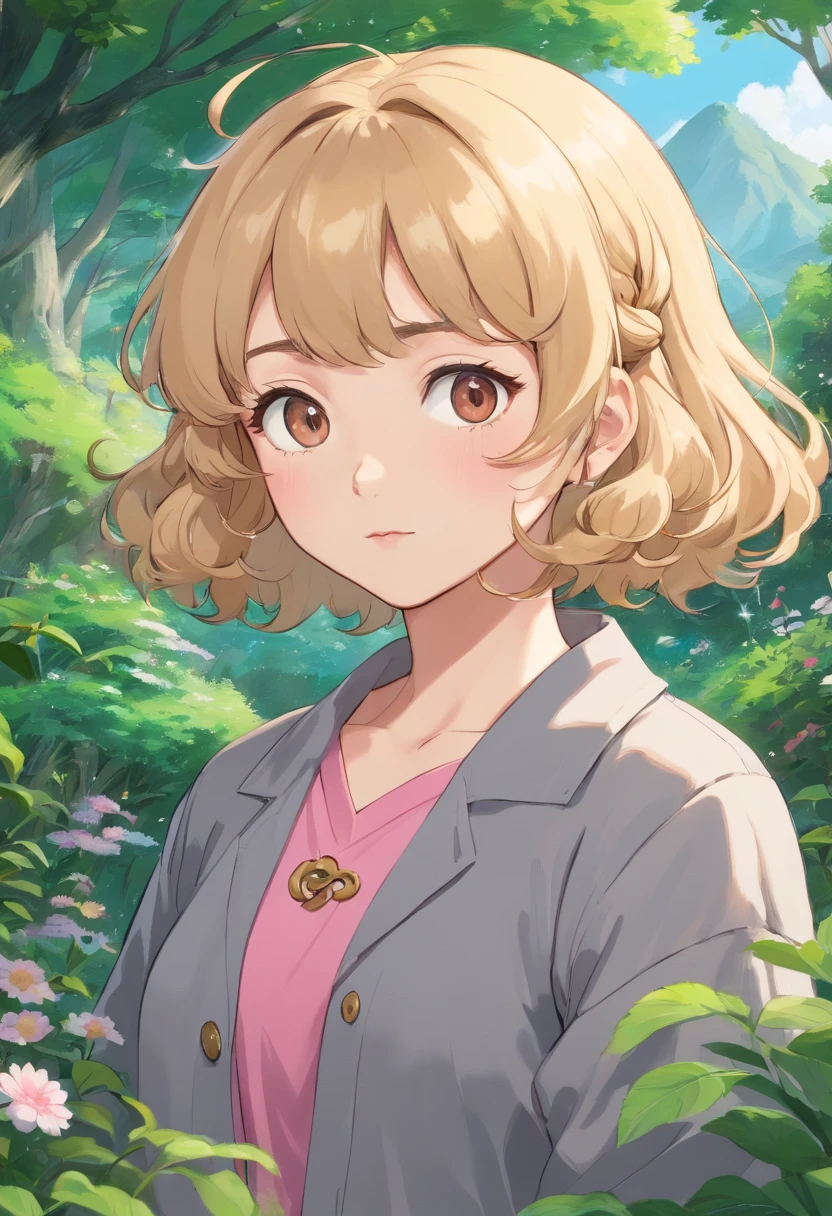 a  with really short curly golden blonde hair (with curly bangs swept to the side) and brown eyes wearing a grey and pink long sleeve shirt with aña cat drawing on it in the style of tranquil gardenscapes, colorful animation stills, masami teraoka, paul gauguin, Embry style, honest portrayal