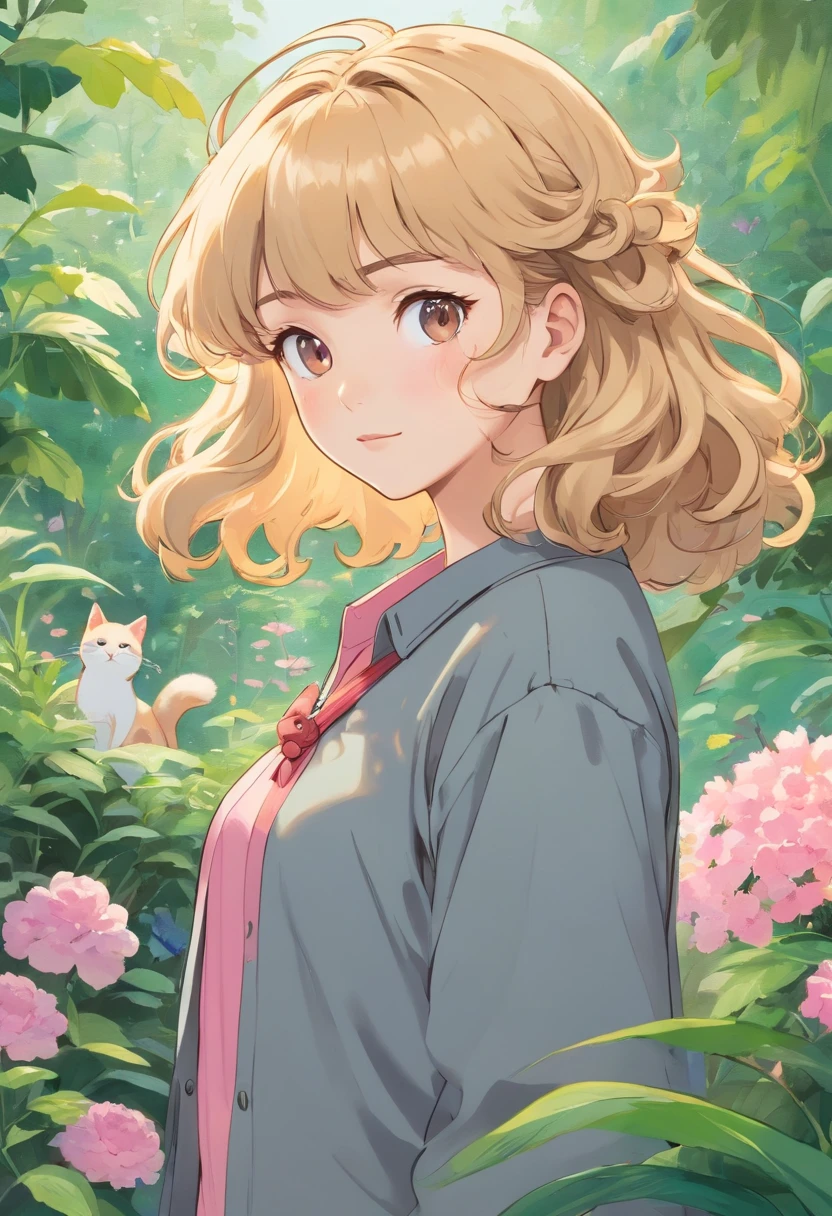 a  with really short curly golden blonde hair (with curly bangs swept to the side) and brown eyes wearing a grey and pink long sleeve shirt with aña cat drawing on it in the style of tranquil gardenscapes, colorful animation stills, masami teraoka, paul gauguin, Embry style, honest portrayal