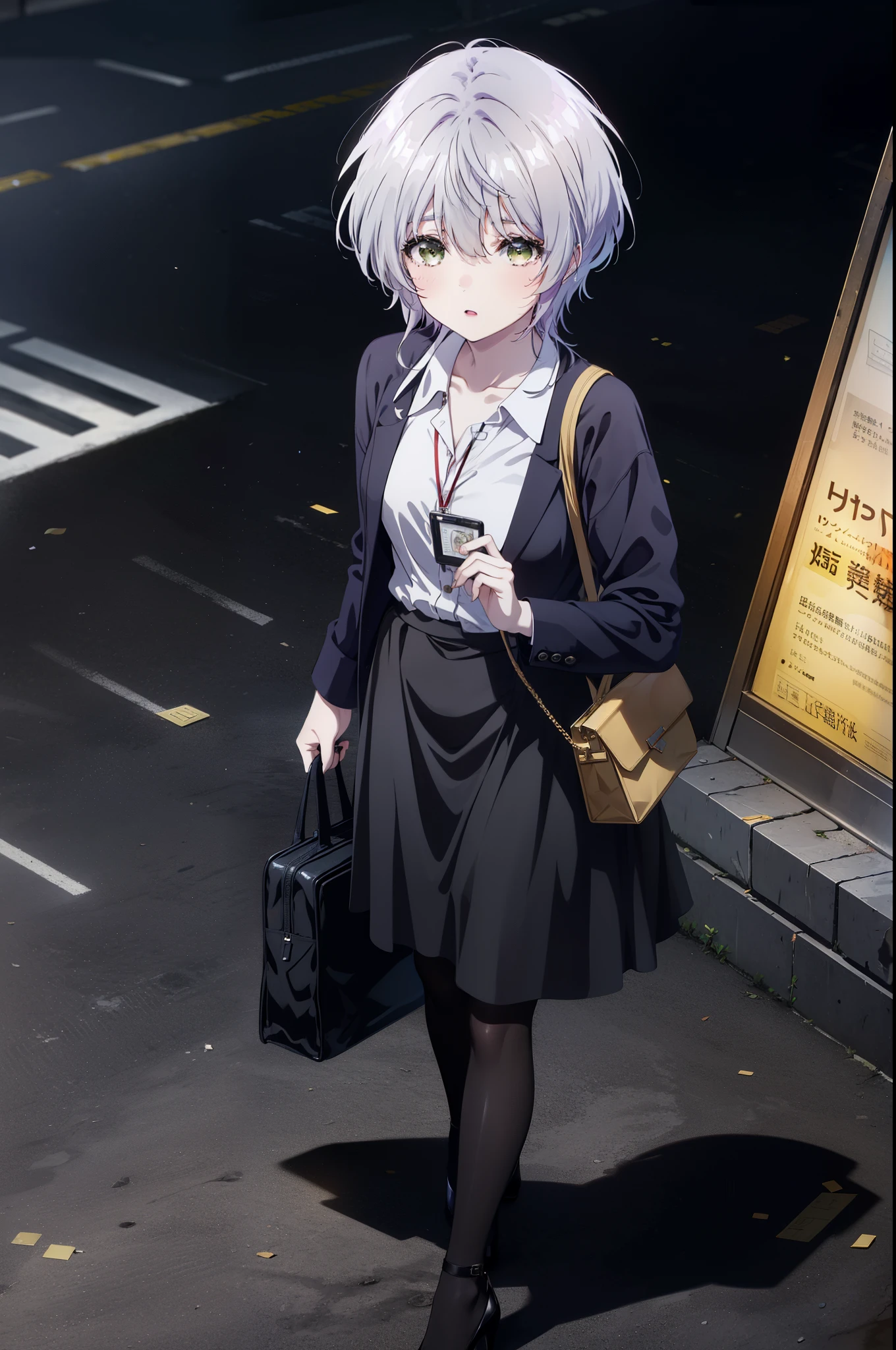 fuukakikuchi, fuuka kikuchi, short hair, bangs, hair between eyes, (green eyes:1.3), gray hair,
black suit jacket, collared jacket, white dress shirt, collared shirt, neckline, button, strap, ID card on the neck, black pencil skirt, black pantyhose, stiletto heels,looking at the viewer, (Medium chest:1.2),stiletto heels,daytime,walk,business bag,
break outdoors, city,building street,
break looking at viewer,
break (masterpiece:1.2), highest quality, High resolution, unity 8k wallpaper, (shape:0.8), (fine and beautiful eyes:1.6), highly detailed face, perfect lighting, Very detailed CG, (perfect hands, perfect anatomy),