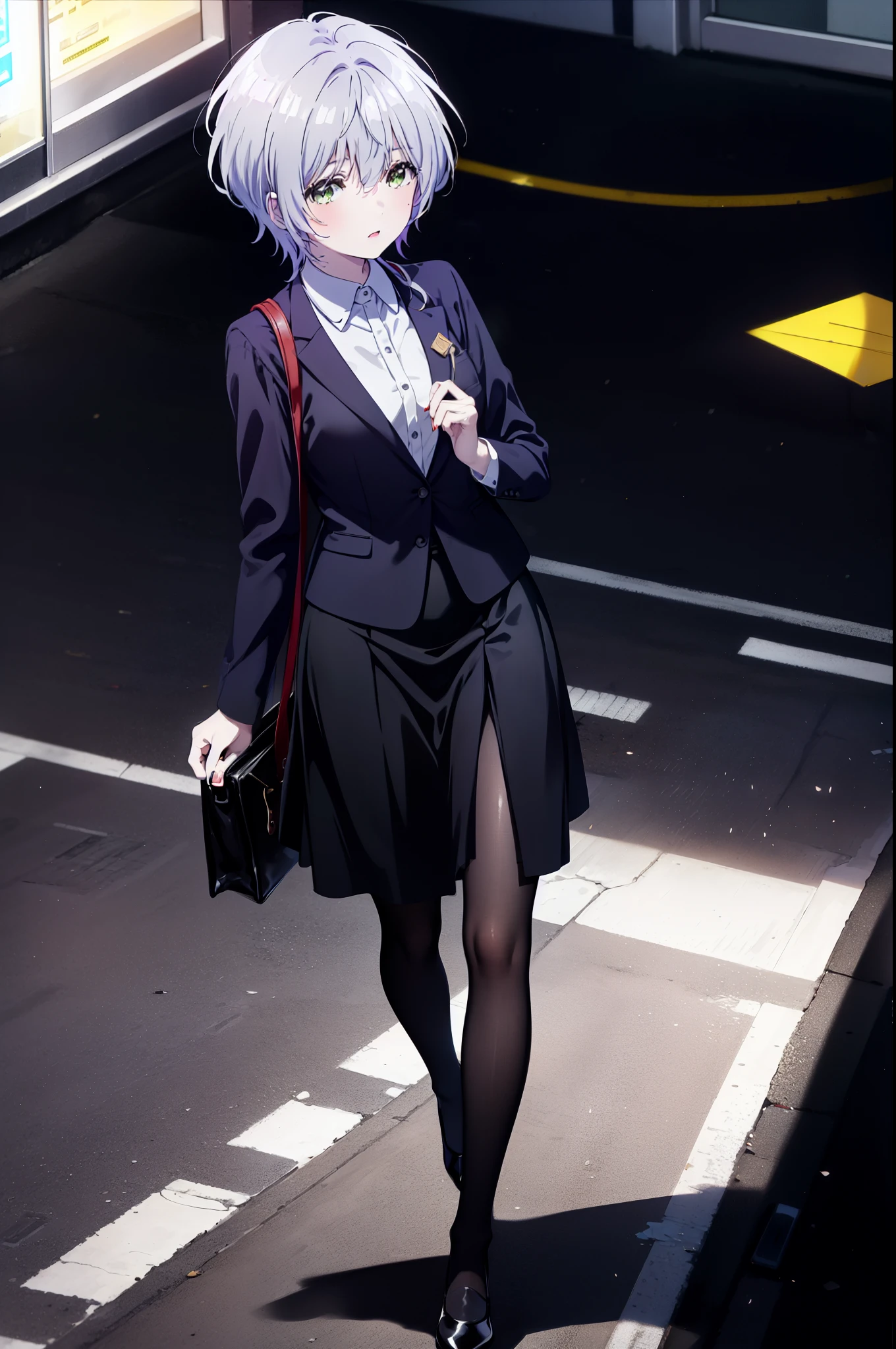 fuukakikuchi, fuuka kikuchi, short hair, bangs, hair between eyes, (green eyes:1.3), gray hair,
black suit jacket, collared jacket, white dress shirt, collared shirt, neckline, button, strap, ID card on the neck, black pencil skirt, black pantyhose, stiletto heels,looking at the viewer, (Medium chest:1.2),stiletto heels,daytime,walk,business bag,
break outdoors, city,building street,
break looking at viewer,
break (masterpiece:1.2), highest quality, High resolution, unity 8k wallpaper, (shape:0.8), (fine and beautiful eyes:1.6), highly detailed face, perfect lighting, Very detailed CG, (perfect hands, perfect anatomy),