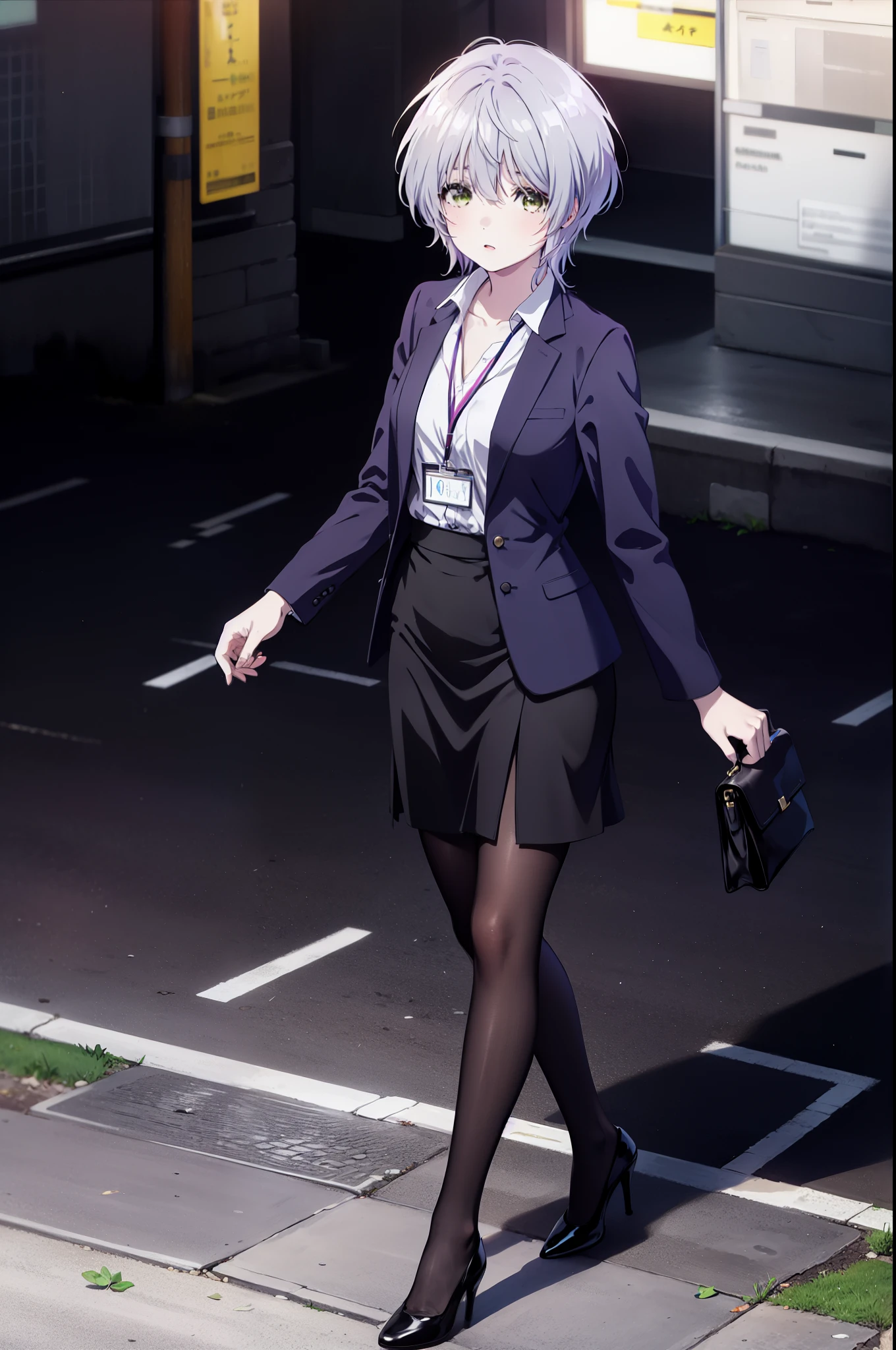 fuukakikuchi, fuuka kikuchi, short hair, bangs, hair between eyes, (green eyes:1.3), gray hair,
black suit jacket, collared jacket, white dress shirt, collared shirt, neckline, button, strap, ID card on the neck, black pencil skirt, black pantyhose, stiletto heels,looking at the viewer, (Medium chest:1.2),stiletto heels,daytime,walk,business bag,
break outdoors, city,building street,
break looking at viewer,
break (masterpiece:1.2), highest quality, High resolution, unity 8k wallpaper, (shape:0.8), (fine and beautiful eyes:1.6), highly detailed face, perfect lighting, Very detailed CG, (perfect hands, perfect anatomy),