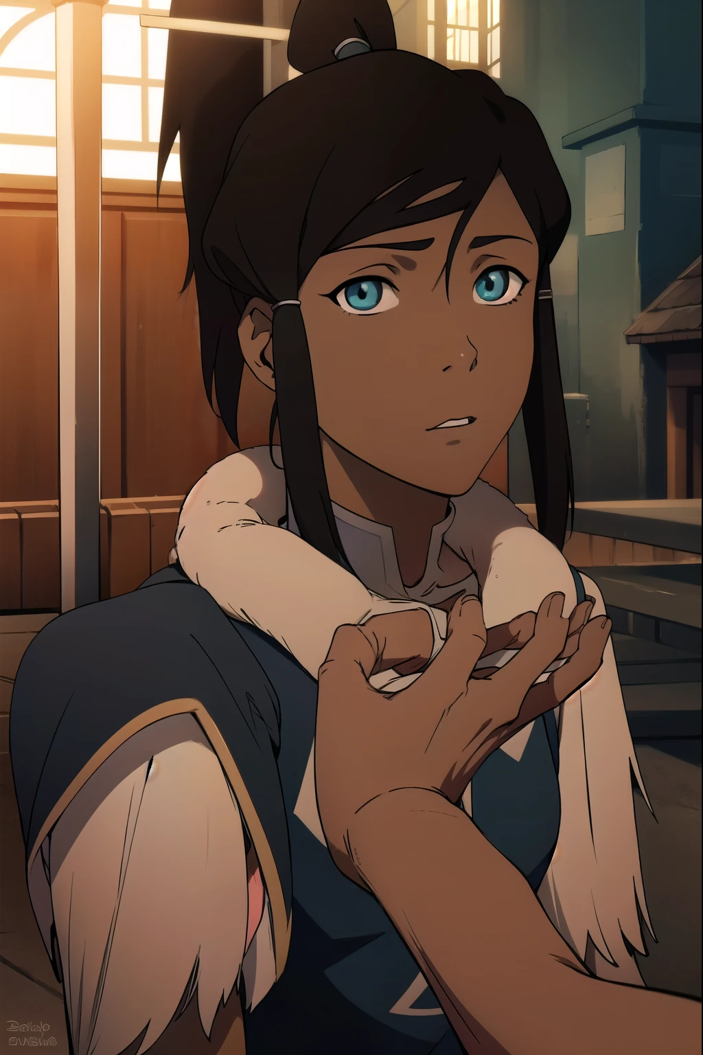 avatarkorra, korra, long hair, black hair, ponytail, dark skin, dark-skinned female, topknot,
BREAK ,
BREAK looking at viewer,
BREAK outdoors,
BREAK (masterpiece:1.2), best quality, high resolution, unity 8k wallpaper, (illustration:0.8), (beautiful detailed eyes:1.6), extremely detailed face, perfect lighting, extremely detailed CG, (perfect hands, perfect anatomy),