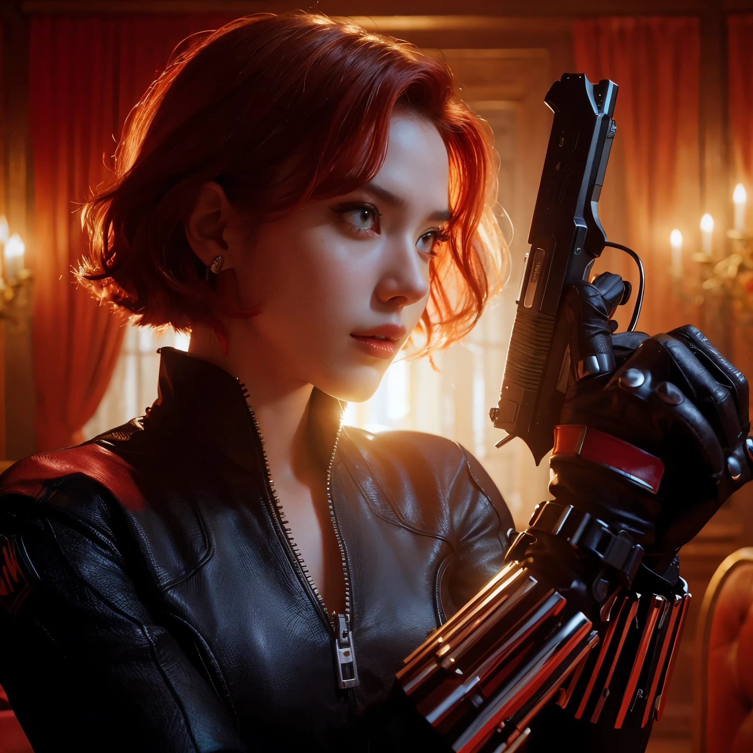 ((very sharp photo result & detailed face)) (((textile shading))), (((Best Quality))), (((masterpiece))), (((hyper realistic photo)) scenery moment, detail sharp photography, marvel character black widow, beautiful with short red hair, detail body & detail facial, flicker natural, action pose styling, wearing classic costume black leather with gauntlet bracelet guns, inside the halfway of classic russian mansion, dramatic red light from lamp above, hasselblad camera. HDR10 8K