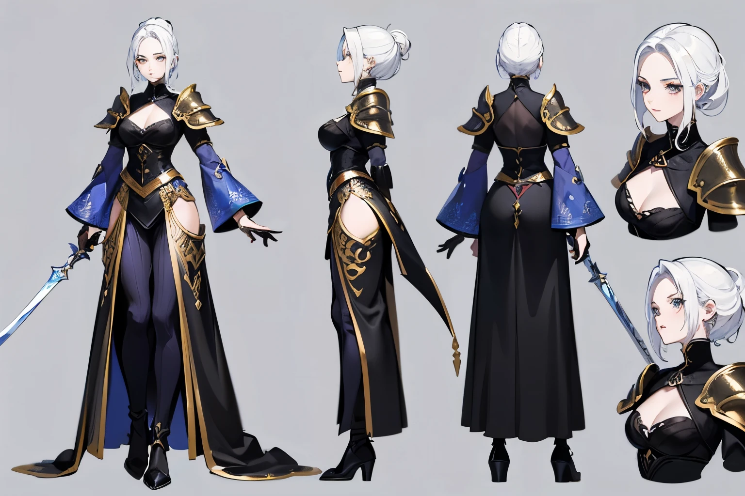character design sheet,1 30-year-old female queen,Profession:swordsman,( Dungeons & Warriors characters), cloth armor,white hair, , complete body,black clothes, luxury,Lots of accessories,3 angle view, (front view, side body view, Back view)