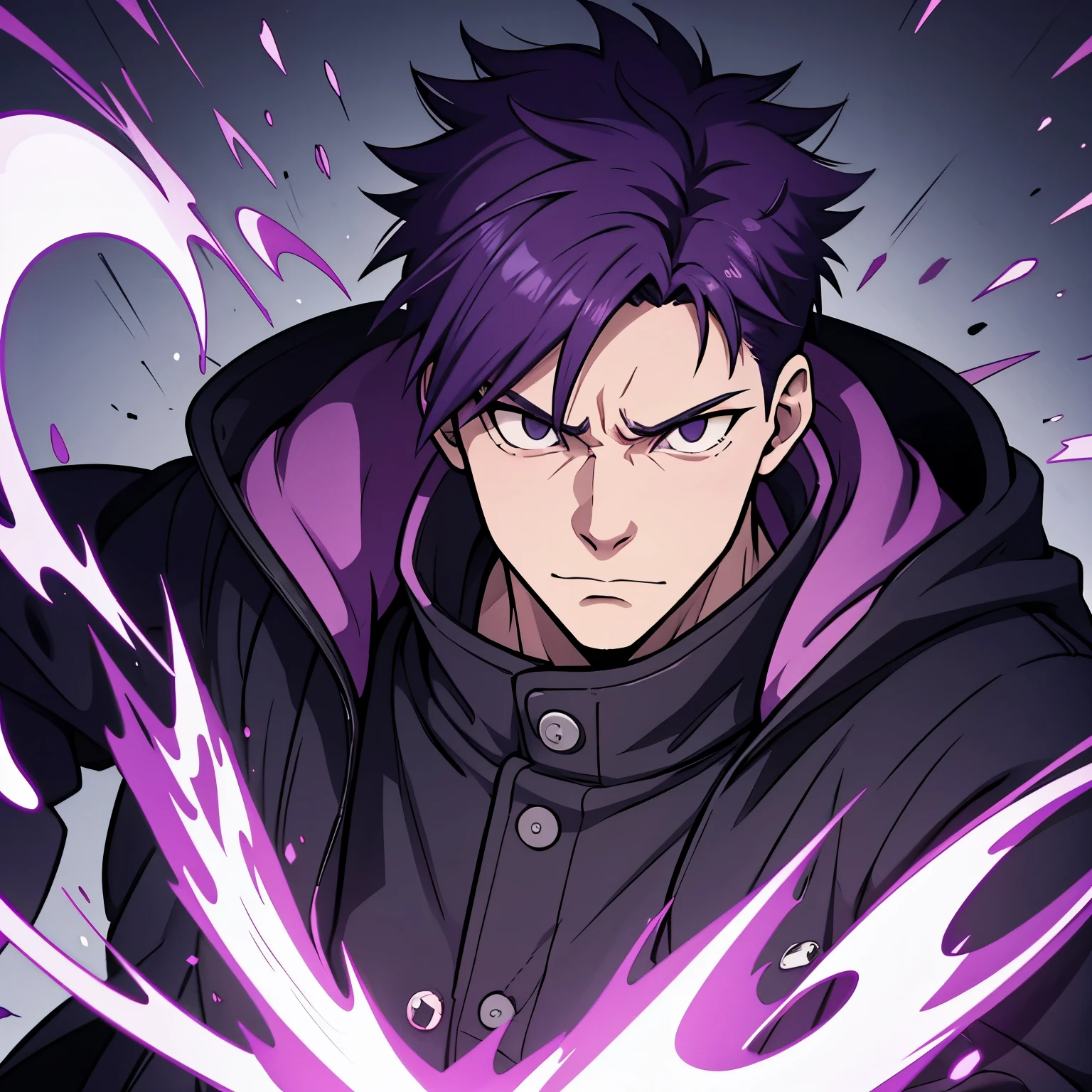 A purple-haired fighter with a coat over his face and an evil face in jujutsu kaisen animation style