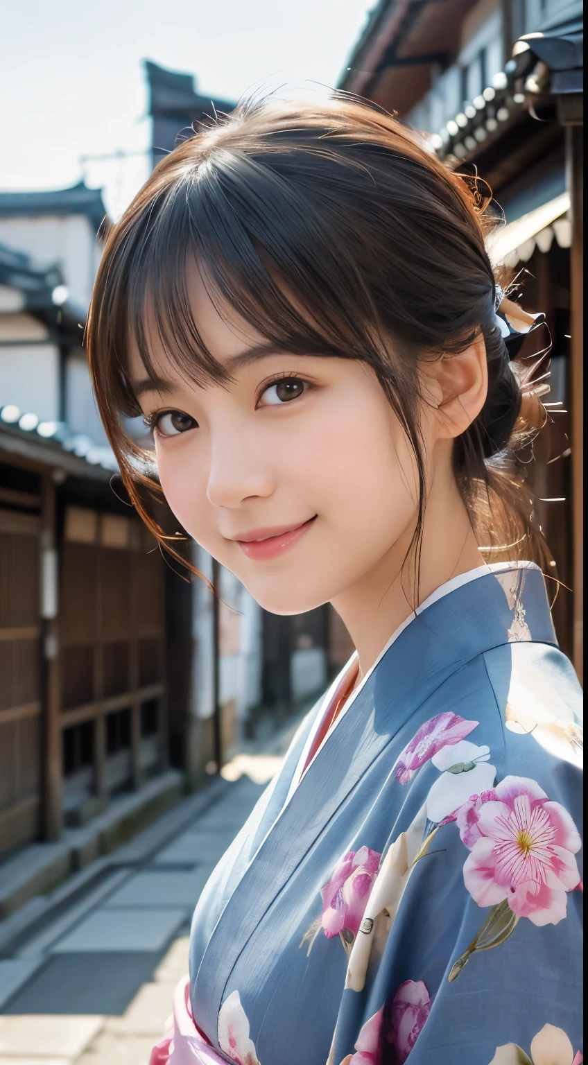 professional lighting,(Photoreal:1.4), (Top image quality:1.0), (超A high resolution:1.0), 8k, Raw photography, (masterpiece:0.2), (Pueros face_v1:0.5)、(最高quality Detail:1.2)、realistic、8k UHD、High resolution、(1 girl:1.2)、超detailedな、High quality textures、intricate details、detailed、Very detailed CG、High quality shadows、detailed 美しく繊細な顔、Beautiful details and delicate eyes、(symmetrical eyes:1.2),Depth of the bounds written、ray tracing,1 girl, japanese girl, (natural smile:1.4),cute, thin, Portrait of a beautiful Japanese woman wearing a kimono, Standing elegantly on a street corner in Kyoto. A kimono with bright traditional patterns, Hair decorated with an elegant and delicate hairpin, and a gentle expression. (Against the backdrop of the old streets of Kyoto:1.4)、soft light on a spring afternoon、adds tranquility to the scene. Rendered in a realistic style with great attention to detail, High resolutionの画像.sky porn, magic hour, (realistic:1.3), finely, quality, (table top:1.2), (realistic:1.2), (最高quality), (複雑なdetailed), dramatic, ray tracing, photograph, +roller