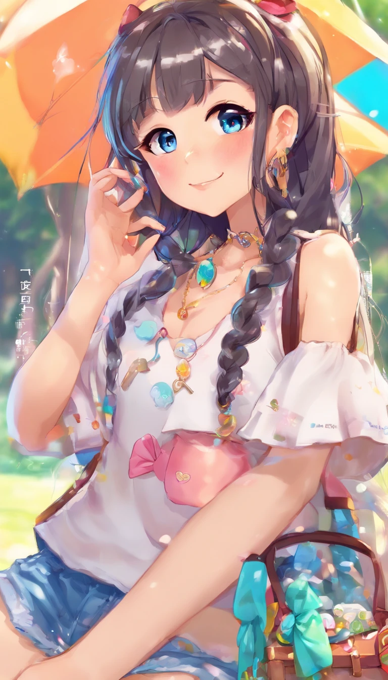 Funny, comic, , (frisky), Brinquedos, illustration, A high resolution, cores vibrantes, soft lighting, Exquisite hands:1.5)（perfect body proportion:1.5）（Olhos de anime mais refinados:1.5）cabelos longos，random hair style,  ((Olhos azuis claros)), ((perfeito)), ((glasses)), sorridente, ((Cabelo preto longo liso)), Ombros, Armoletom)), ((shorts curtos rasgados)), ((sock pants)) , (neck chain), background scenery