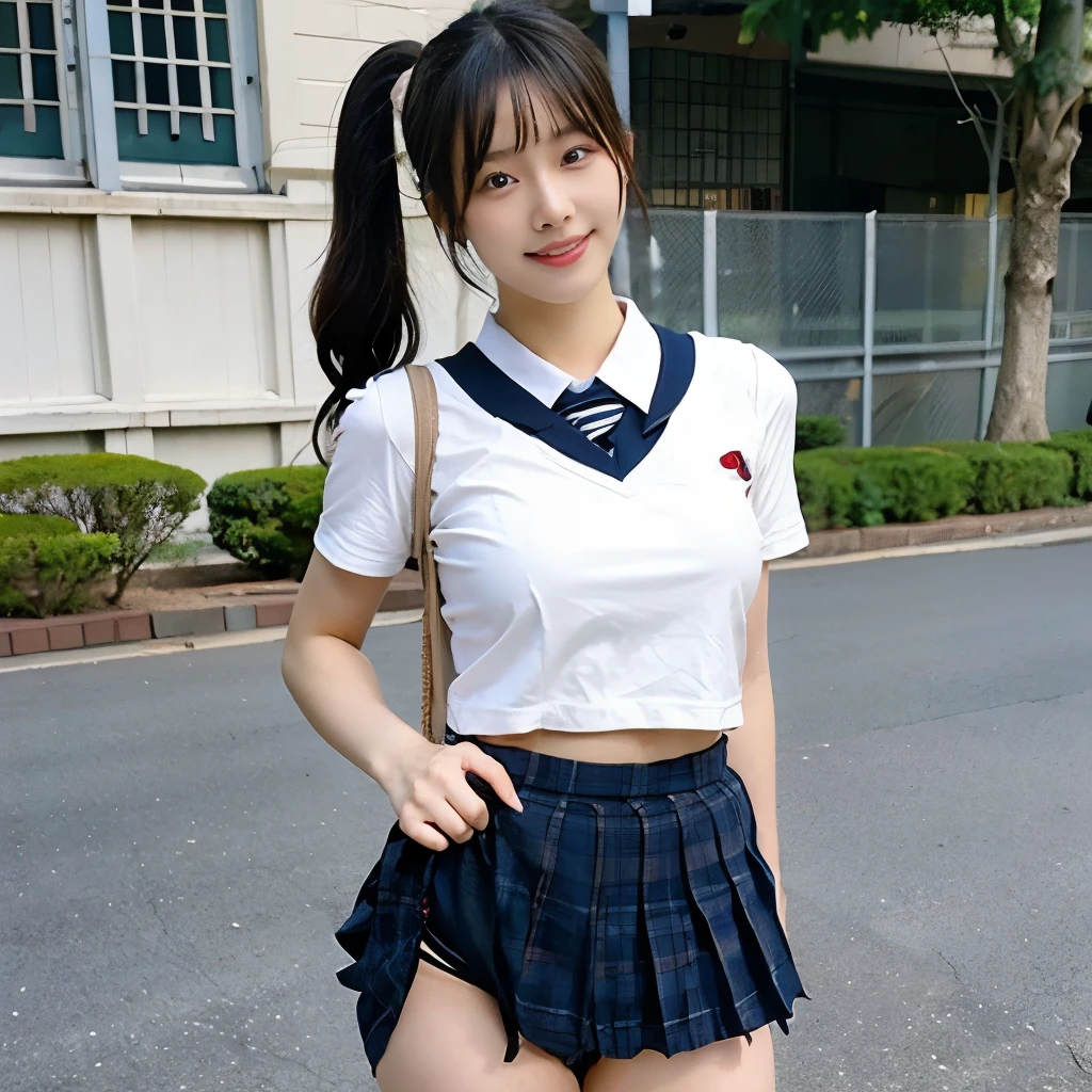 Japanese high school uniform,Wear a short pleated skirt 、Protruding panties、soft skin body、ponytail, japanese girl, 8K, huge breasts,full body shot、 highest quality, masterpiece, realistic, Photorealistic super detail, one girl, cute, best smile, beautiful eyes, long hair, perfect face,full body shot
