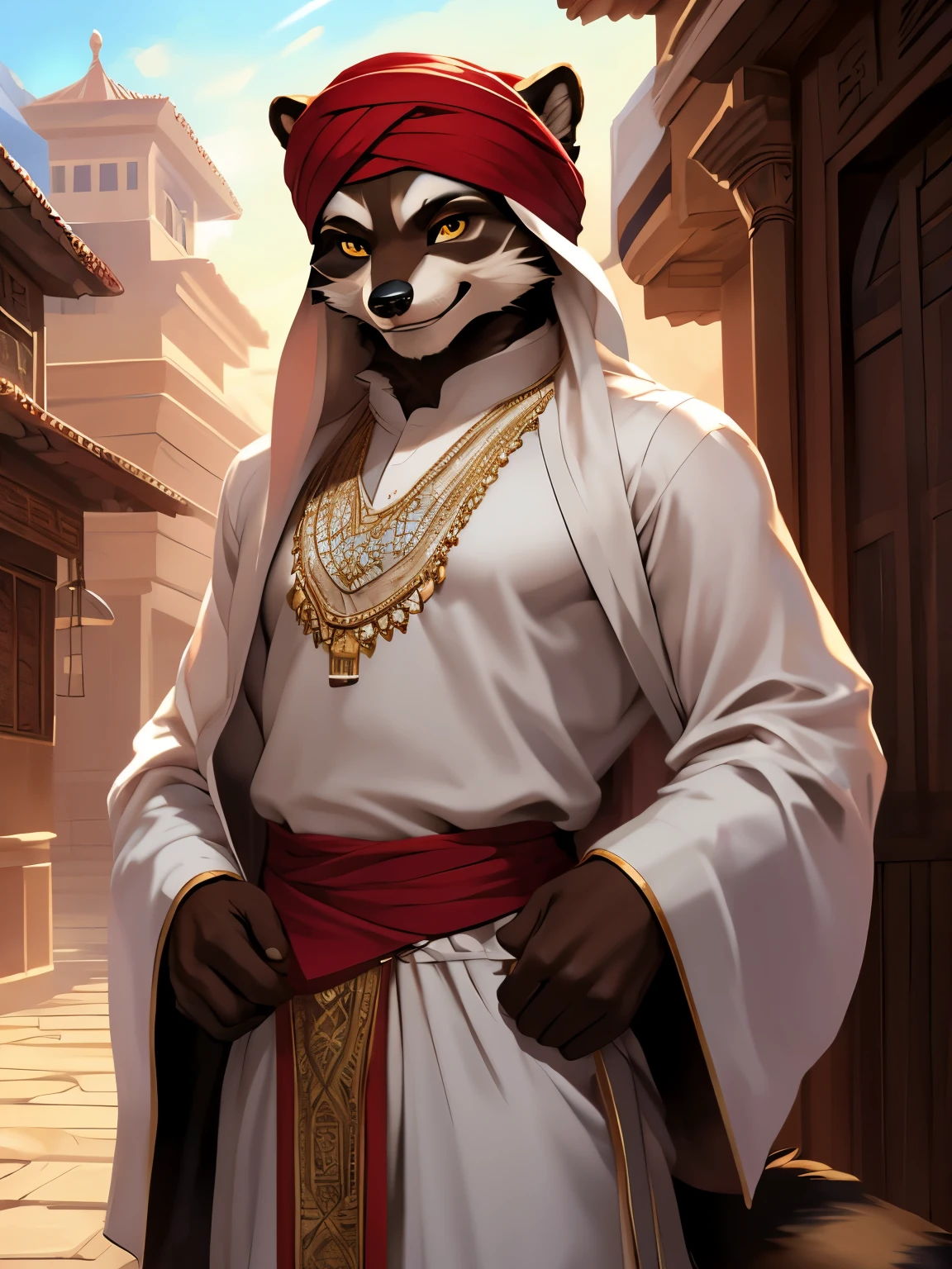 4k, ,8K, A high resolution, best quality, perfect colors, perfect shadows, perfect lighting, (posted on e621, by Chunie), male, furry, Raccoon anthro, (Raccoon tail), solo, white fur, Yellow eyes, (Realistic eye details 1.2), Wearing Muslim clothing, arabic fashion, arabic style, thobe, turban, in a street with arabian houses, light smile, authoritative, dignified gaze, Full body like, slim body, in a panoramic view, masterpiece, fit body, perfect male figure, Detailed fur, Detailed face, dramatic lighting, soft lighting, day, highly detail, (Detailed eyes), perfect pupils, detail eyes, detail fluffy fur, (seductive face:1.2), (correct anatomy:1.2), (Complex), (Super Detail), (Ultra Clear), (Best Quality)