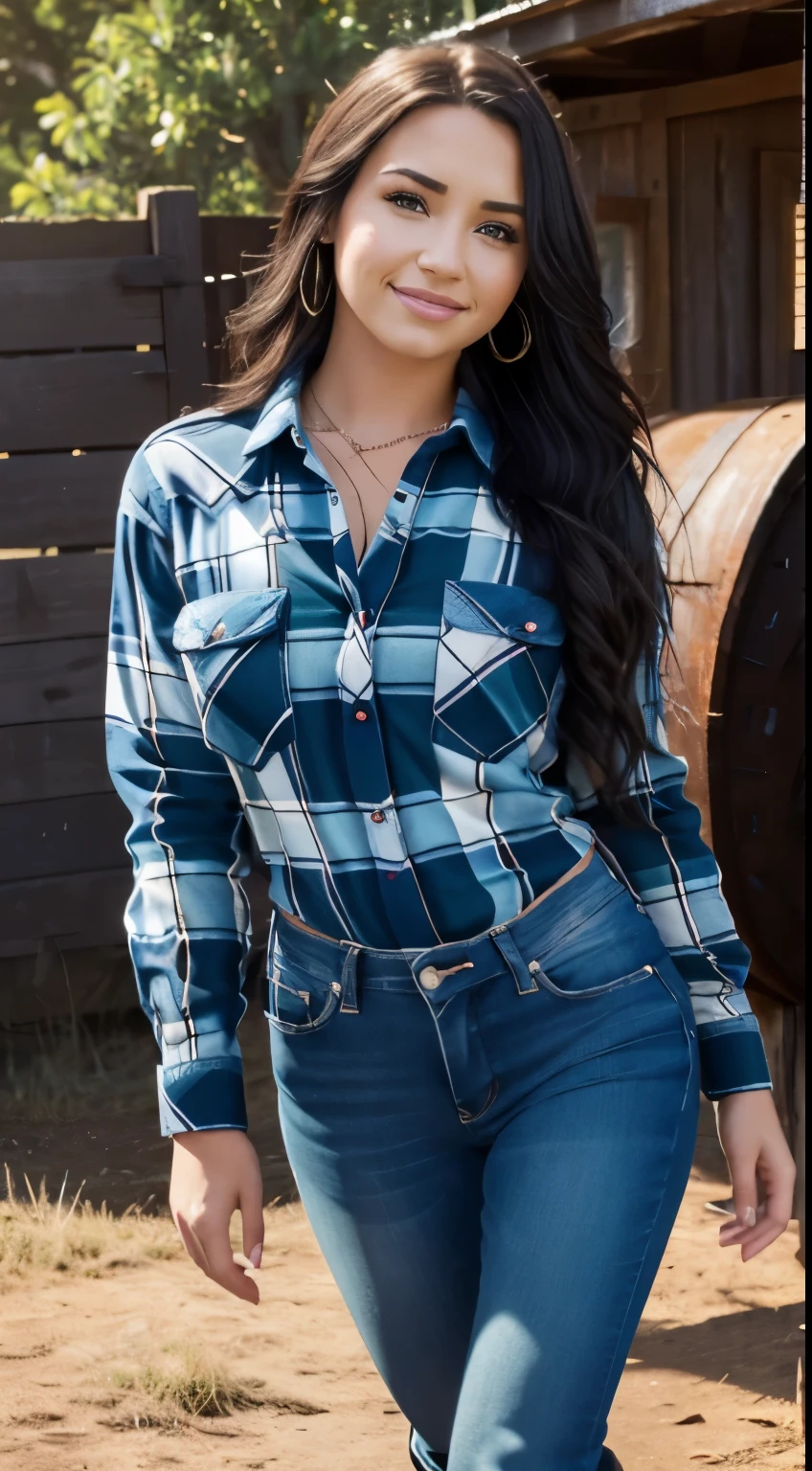 Foto hiperrealista en primer plano de Demi Lovato, masterpiece, best quality, (photorealistic:1.4), full body, (blue buttoned plaid flannel shirt:1.1) and (blue jeans:1.1), (boots:1.2), on the ranch, sunny day, cinematic light, beautiful woman, skinny, large big breasts, black long hair, detailed face, smile, facing the camera, photo taken from a distance, age of 25 years old