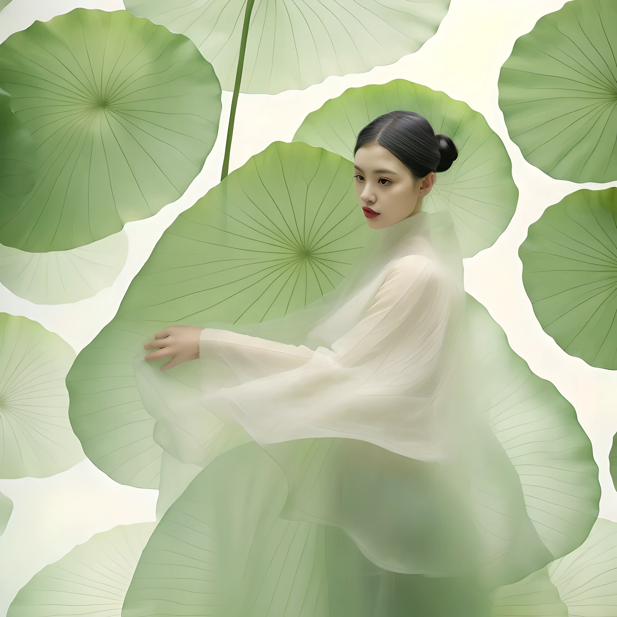 girl，alone，giant lotus leaf，black hair，skirt，look underground，
white skirt，OK，Permanently installed，单OK，Leaves，long sleeves，red lips，actual