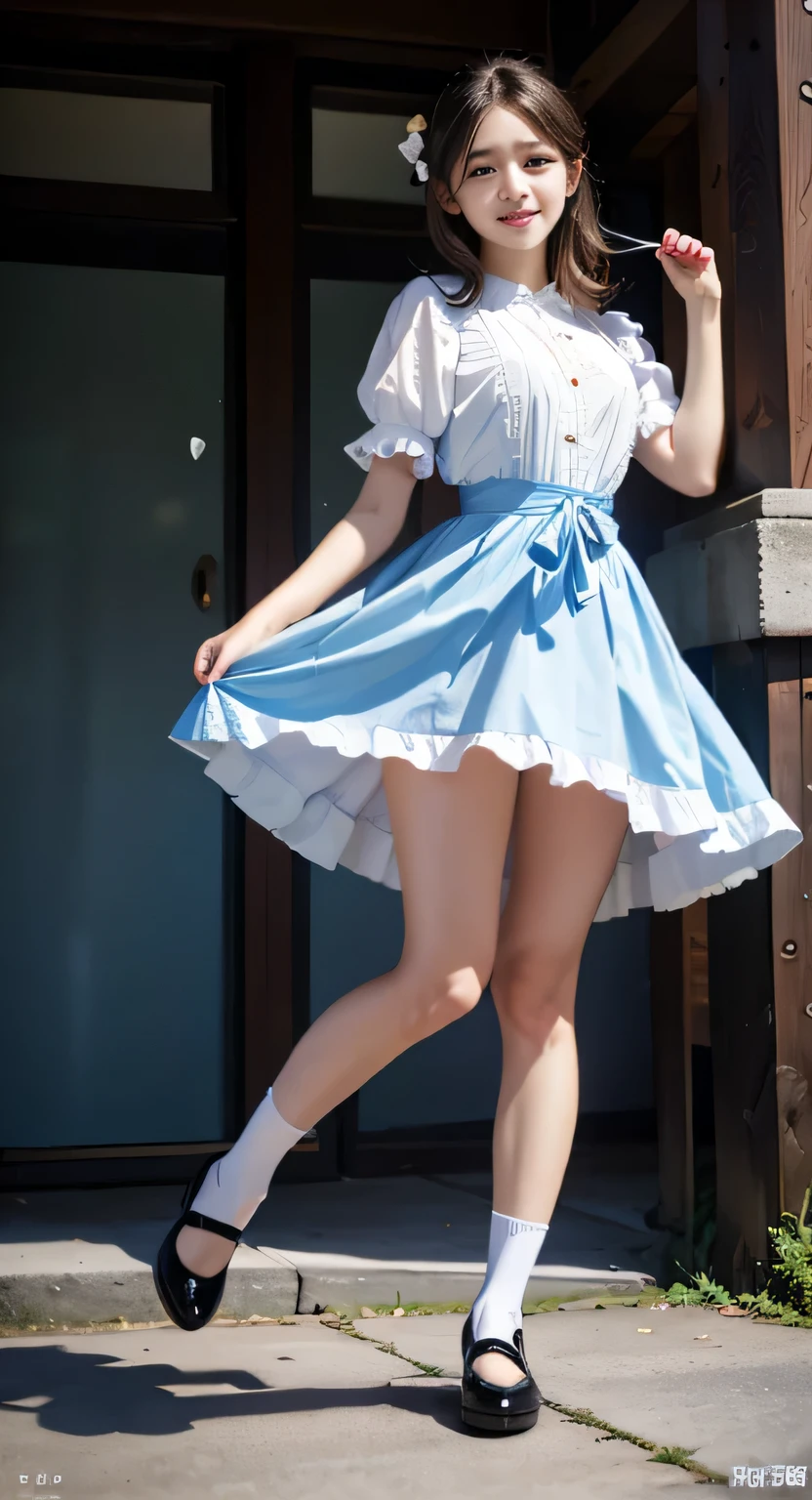 {highest quality}, {masterpiece, 超A high resolution}, (Photoreal:1.4), {{RAW photo}}, {{{A 16-year-old Lolita-like woman poses with her skirt pulled up and one leg raised....:smile：detailed eye：double big eyes}}, , {Alice Blue Dress, White socks and black shoes}, {background:cherry blossoms}