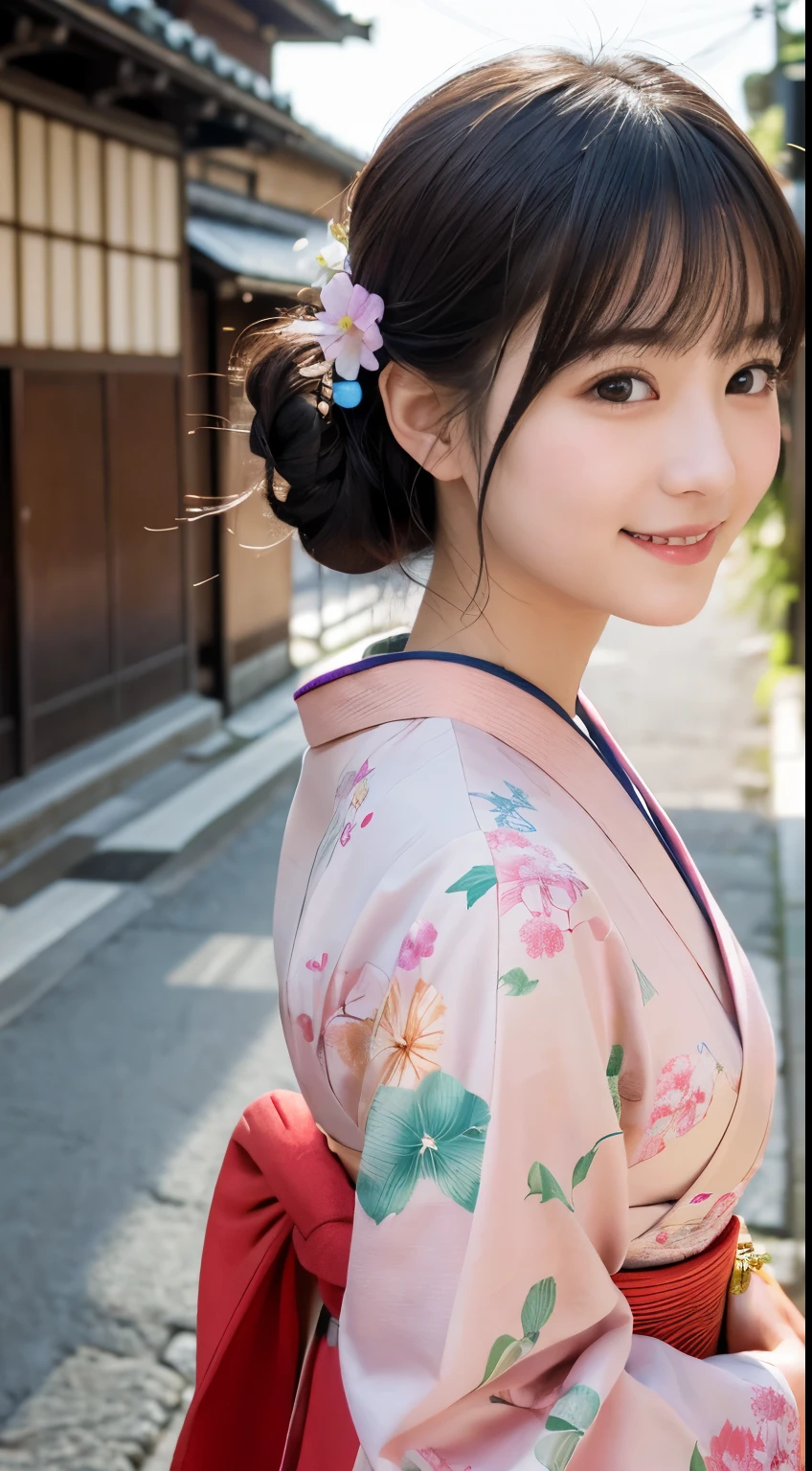 professional lighting,(Photoreal:1.4), (Top image quality:1.0), (超A high resolution:1.0), 8k, Raw photography, (masterpiece:0.2), (Pueros face_v1:0.5)、(最高quality Detail:1.2)、realistic、8k UHD、High resolution、(1 girl:1.2)、超detailedな、High quality textures、intricate details、detailed、Very detailed CG、High quality shadows、detailed 美しく繊細な顔、Beautiful details and delicate eyes、(symmetrical eyes:1.2),Depth of the bounds written、ray tracing,1 girl, japanese girl, (natural smile:1.4),cute, thin, Portrait of a beautiful Japanese woman wearing a kimono, Standing elegantly on a street corner in Kyoto. A kimono with bright traditional patterns, Hair decorated with an elegant and delicate hairpin, and a gentle expression. (Against the backdrop of the old streets of Kyoto:1.4)、soft light on a spring afternoon、adds tranquility to the scene. Rendered in a realistic style with great attention to detail, High resolutionの画像.sky porn, magic hour, (realistic:1.3), finely, quality, (table top:1.2), (realistic:1.2), (最高quality), (複雑なdetailed), dramatic, ray tracing, photograph, +roller