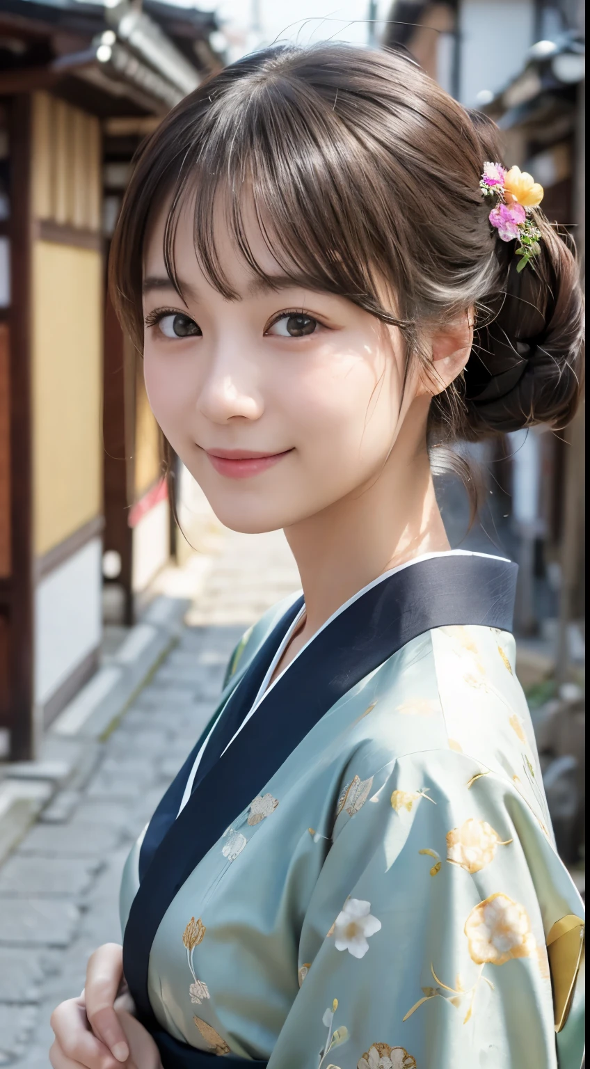 professional lighting,(Photoreal:1.4), (Top image quality:1.0), (超A high resolution:1.0), 8k, Raw photography, (masterpiece:0.2), (Pueros face_v1:0.5)、(最高quality Detail:1.2)、realistic、8k UHD、High resolution、(1 girl:1.2)、超detailedな、High quality textures、intricate details、detailed、Very detailed CG、High quality shadows、detailed 美しく繊細な顔、Beautiful details and delicate eyes、(symmetrical eyes:1.2),Depth of the bounds written、ray tracing,1 girl, japanese girl, (natural smile:1.4),cute, thin, Portrait of a beautiful Japanese woman wearing a kimono, Standing elegantly on a street corner in Kyoto. A kimono with bright traditional patterns, Hair decorated with an elegant and delicate hairpin, and a gentle expression. (Against the backdrop of the old streets of Kyoto:1.4)、soft light on a spring afternoon、adds tranquility to the scene. Rendered in a realistic style with great attention to detail, High resolutionの画像.sky porn, magic hour, (realistic:1.3), finely, quality, (table top:1.2), (realistic:1.2), (最高quality), (複雑なdetailed), dramatic, ray tracing, photograph, +roller