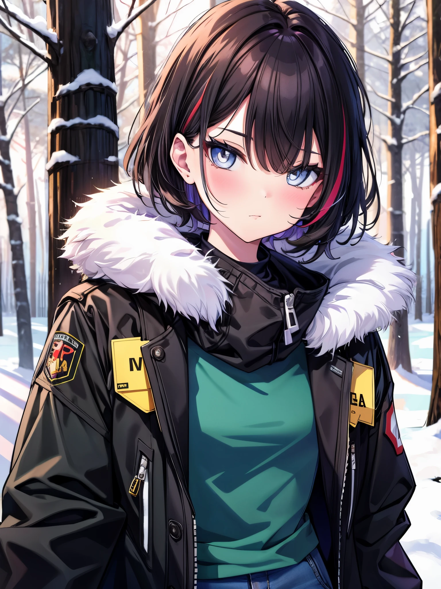 (best quality, ultra-high resolution, depth of field:1.2), solo, adult, 1woman, toned body, medium breasts, wide hips, black hair, streaked hair, short hair, bangs, upturned eyes, bright eyes, a steady, assessing gaze, winter, warmly dressed (wearing a pristine charcoal coat), denim jeans, wisps of hair framing her perfectly contoured face, serious expression, posing for modeling, snow-laden pine forest, golden light filtering through the trees