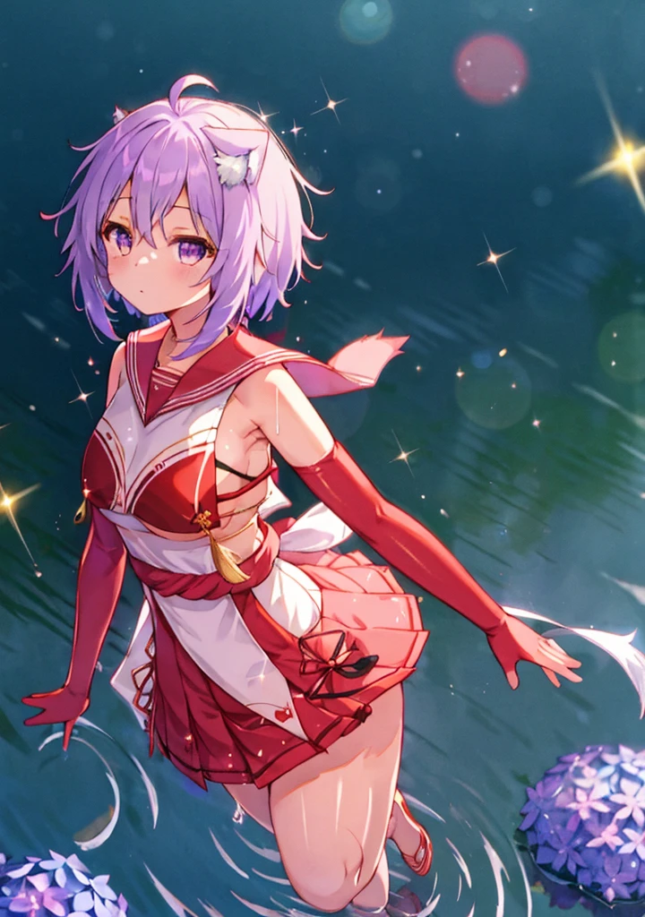 (solo), cute (1girl) walking,path,[from below:1.2],sine short hair, puddle,Water Reflection,rain,floating water drop,hydrangea,(blurry foreground),dynamic angle,asphalt,(night sky),lens flare, (glitter:1.2) presenting armpit, nekomata okayu, outfit-tsubaki, breast curtain, red skirt, red sailor collar, elbow gloves