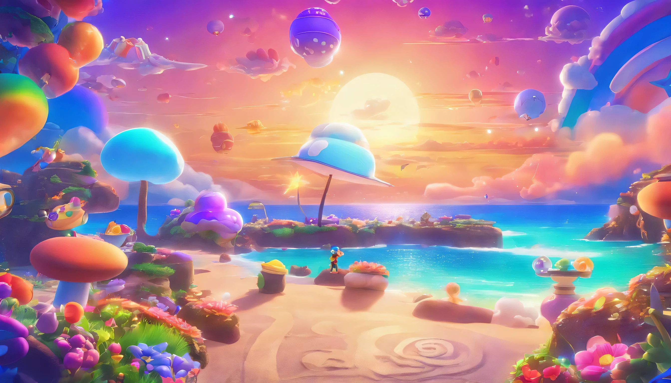 (main part, best quality:1.4), movie lighting, colorful, high contrast, neon lights, Heaven, Sunlight, space, beach, Then, nobody, vast landscape photography, (view from below，The sky above and the sea below show off lots of purple and orange, detail, Warm colors and vibrant Japanese anime style