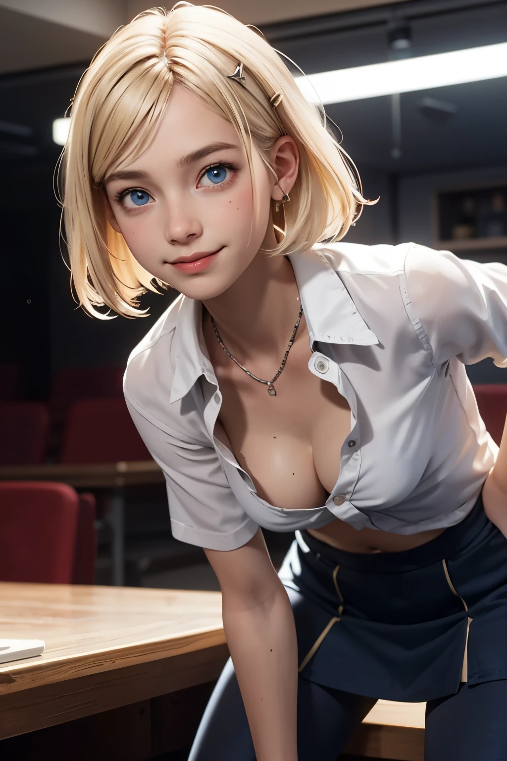 Clear blue eyes, blonde bob hair, cleavage, leaning forward, red cheeks, hairpin, white shirt, no make-up, navy blue tight skirt, rather large, shy, built-up area, looking at the viewer, smiling,
