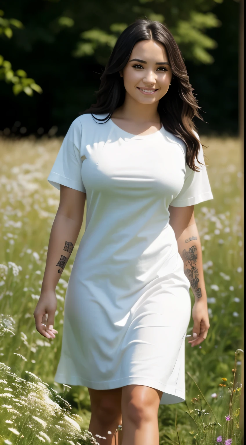Foto hiperrealista en primer plano de Demi Lovato, masterpiece, best quality, (photorealistic:1.4), full body, (white oversize t-shirt dress:1.1),, woking on the flowery meadow, summer day, cinematic light, beautiful woman, skinny, large big breasts, black long hair, detailed face, smile, facing the camera, photo taken from a distance, age of 25 years old