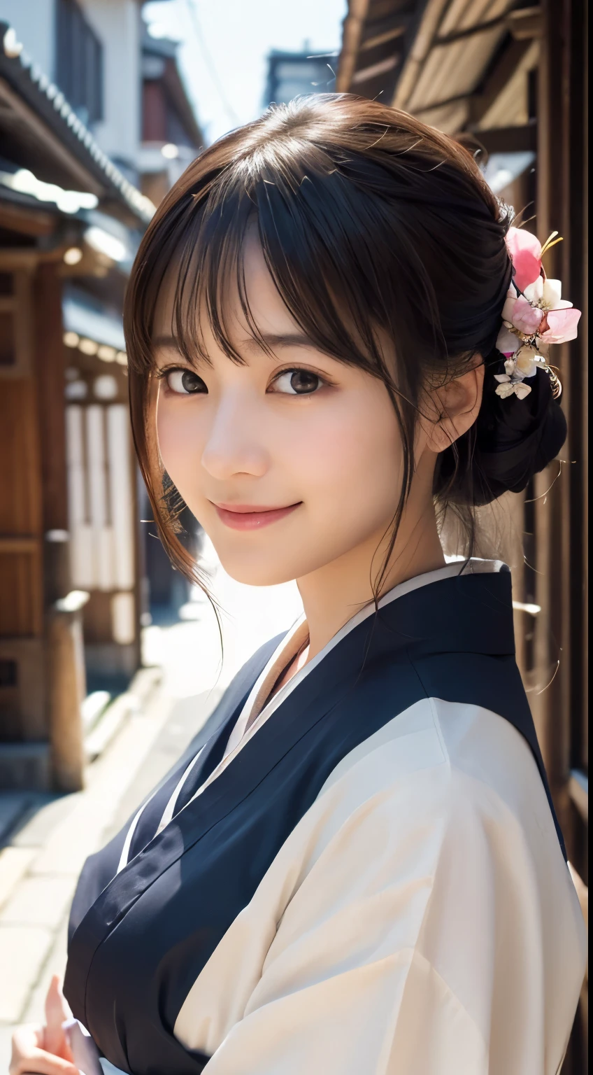 professional lighting,(Photoreal:1.4), (Top image quality:1.0), (超A high resolution:1.0), 8k, Raw photography, (masterpiece:0.2), (Pueros face_v1:0.5)、(最高quality Detail:1.2)、realistic、8k UHD、High resolution、(1 girl:1.2)、超detailedな、High quality textures、intricate details、detailed、Very detailed CG、High quality shadows、detailed 美しく繊細な顔、Beautiful details and delicate eyes、(symmetrical eyes:1.2),Depth of the bounds written、ray tracing,1 girl, japanese girl, (natural smile:1.4),cute, thin, Portrait of a beautiful Japanese woman wearing a kimono, Standing elegantly on a street corner in Kyoto. A kimono with bright traditional patterns, Hair decorated with an elegant and delicate hairpin, and a gentle expression. (Against the backdrop of the old streets of Kyoto:1.4)、soft light on a spring afternoon、adds tranquility to the scene. Rendered in a realistic style with great attention to detail, High resolutionの画像.sky porn, magic hour, (realistic:1.3), finely, quality, (table top:1.2), (realistic:1.2), (最高quality), (複雑なdetailed), dramatic, ray tracing, photograph, +roller
