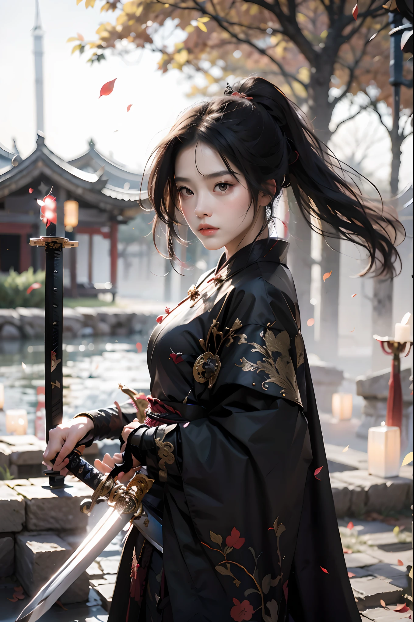 1girl,black hair,embers,falling leaves,falling petals,fire,high ponytail,(holding sword:1.5),Ancient Chinese Hanfu,Brave and spirited,Hanfu,Grasp the hilt with your hand,solo,,sword-dance,long hair,long sleeves,looking at viewer,petals,ponytail,Arm with protective sheath,solo,standing,wide sleeves,best quality，masterpiece，16k