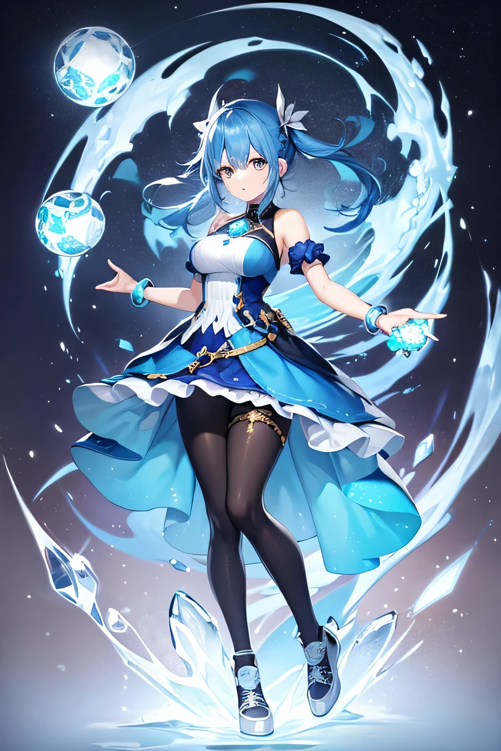 blue haired girl with a modest dress. leggings, full body shot. With an ice orb in her hand.