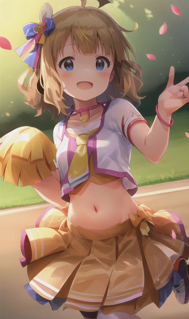 momoko suou (million live), (best quality, 8K, masterpiece, ultra detailed:1.2), dynamic pose, cinematic angle, cowboy shot, light particles, sparkle, beautiful detailed eyes, shiny skin, shiny hair, sunbeam, wide shot, depth of field, backlighting,
day, beautiful clouds, gradient sky, dappled sunlight, contrail, outdoors, reflective floor, park, flowery meadow, wind,
1girl, solo, miniskirt, layered skirt, smile, cute, happy, big eyes, pleated skirt, short sleeves, navel, cheerleader, pom pom \(cheerleading\), collarbone, white hair flower, ribbon, bow, standing on one leg, earrings, armlet, bracelet, arm ribbon, necktie, thighhighs, outstretched arm, petals,