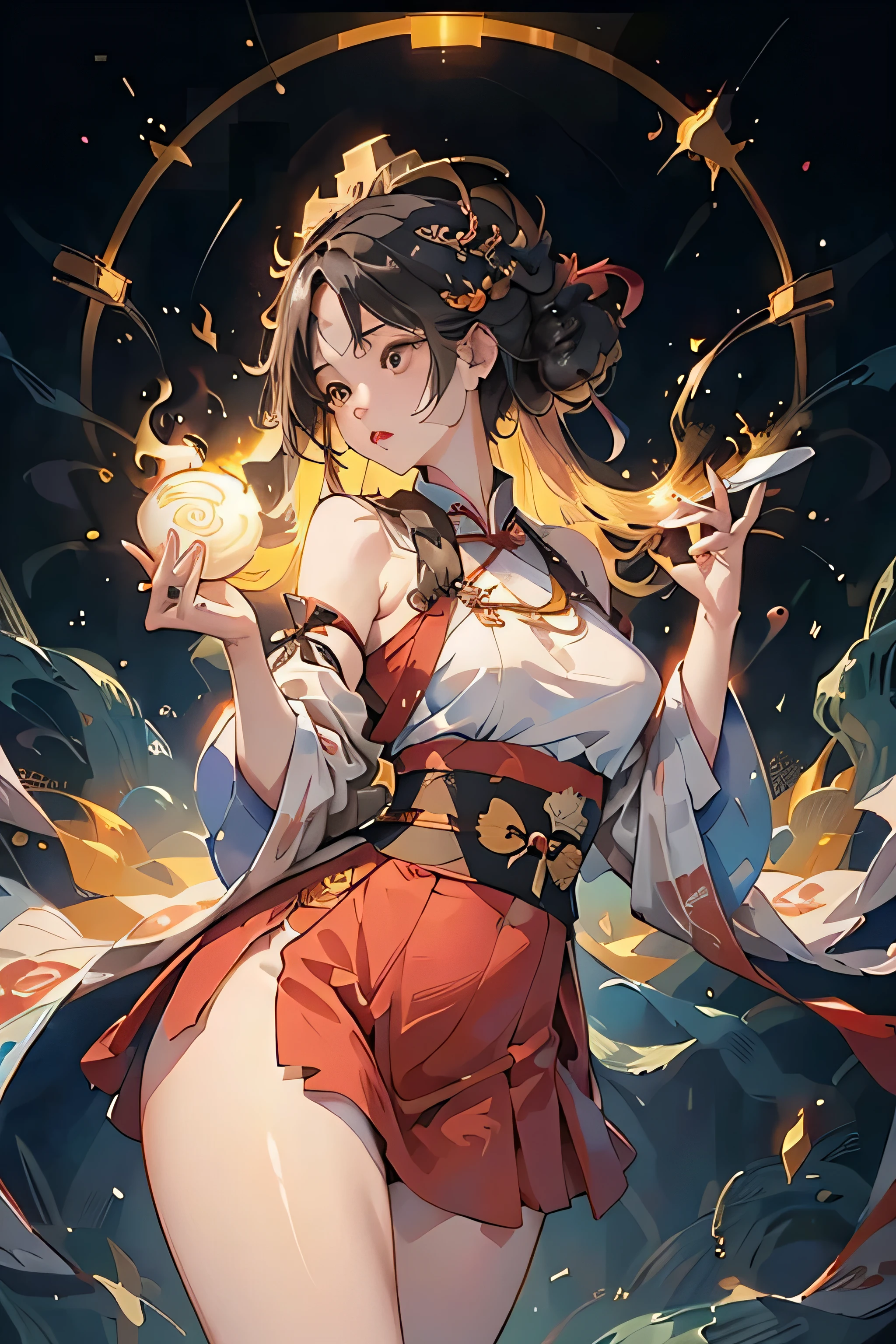 Official Art, Unified 8K Wallpapers, Ultra Detailed, Beautiful and Aesthetic, Masterpiece, Best Quality, (Zentangle, Tangle, Entangle), (fractal art: 1.4), 1girl, black hair, Chinese, bare shoulders, short skirt, calf, navel, very detailed, dynamic angle, cowboyshot, (most beautiful form chaos), flowing, (bright colors), oc, (half: 1.2), china, (thangka flying sky: 1.5), (ribbon: 1.3), (dream: 1.5), (hanfu: 1.5), Chinese dragon, Chinese phoenix, (smile: 0.5), (Chinese deity), ((8k wallpaper of extremely detailed CG unit, masterpiece, hight resolution, top-quality, top-qualityのリアルテクスチャスキン)), (a very beautiful woman, Plump lips, The upper part of the body, Japanese pattern blouson:1.2, Japanese pattern micro mini shorts:1.2), (A dark-haired, hair messy, de pele branca, small tit), ((Colorful background with geometric patterns, Japanese pattern background, warm color)), (hyper realisitic, digitial painting),nsfw,slender body shape,
