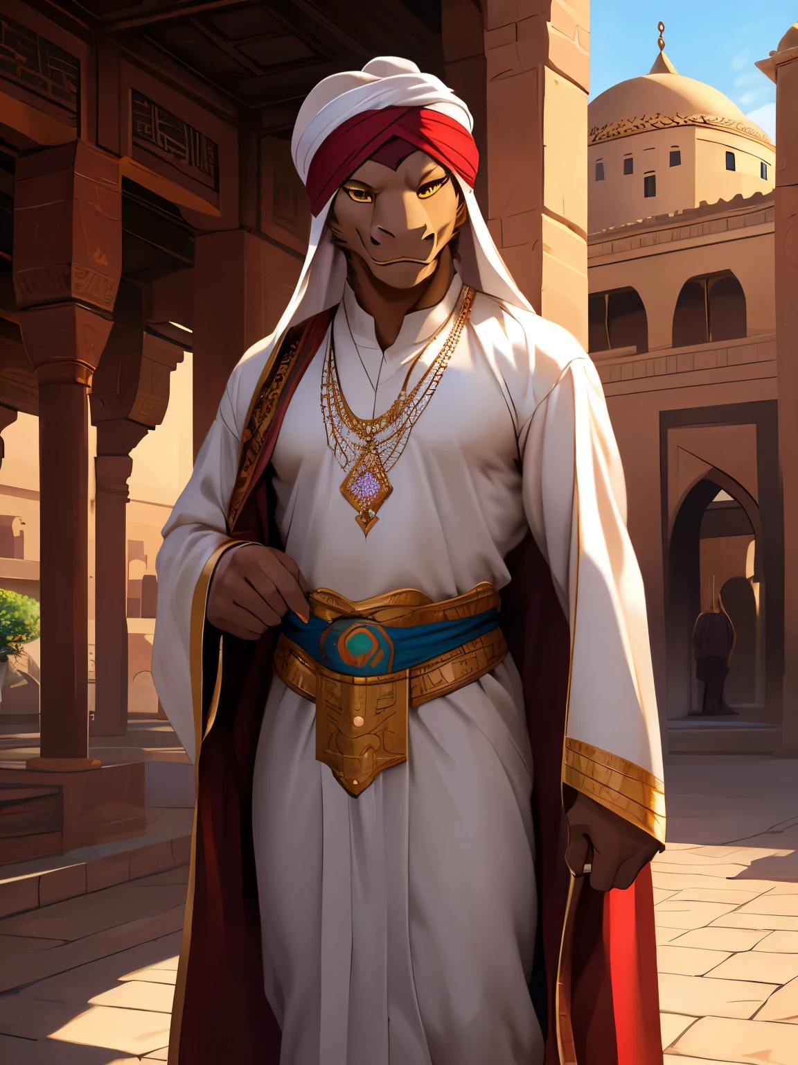 4k, ,8K, A high resolution, best quality, perfect colors, perfect shadows, perfect lighting, (posted on e621, by Chunie), male, furry, komodo dragon anthro, (komodo dragon tail), solo, white fur, Yellow eyes, (Realistic eye details 1.2), Wearing Muslim clothing, arabic fashion, arabic style, thobe, turban, in a street with arabian houses, light smile, authoritative, dignified gaze, Full body like, slim body, in a panoramic view, masterpiece, fit body, perfect male figure, Detailed fur, Detailed face, dramatic lighting, soft lighting, day, highly detail, (Detailed eyes), perfect pupils, detail eyes, detail fluffy fur, (seductive face:1.2), (correct anatomy:1.2), (Complex), (Super Detail), (Ultra Clear), (Best Quality)