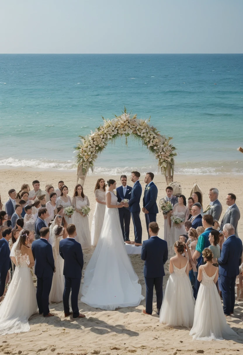 Holding a wedding on the beach, allowing the sea to witness their love, while family and friends witness this happy moment together on the beach, (best quality, masterpiece, Representative work, official art, Professional, Ultra intricate detailed, 8k:1.3)