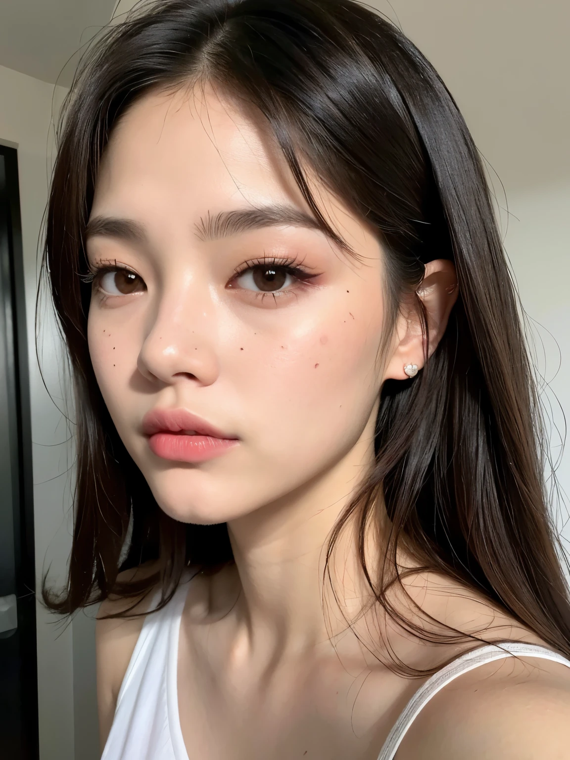 Kim Jennie de blackpink con el cabello rubio claro, cabello rubio con ondulado, cabello de color rubio ondulado, with small fringes, ojos color negro, nariz respingada y bonita, labios gruesos, Cupid and heart shaped lips..., labios rosas, pale, piel blanca, piel bonita y suave, con pecas y lunares, cejas bonitas, marked and beautiful clavicle, mientras tiene un polo con rosas color rojo tinto, rojo oscuro, con ropa interior femenina, con un short corto, short bonito y corto, abdomen delgado y bonito, escote desnudo, (pechos grandes, pechos suaves, pechos naturales, escote desnudo), mientras agarra una rosa, mirando a la camara, autofoto