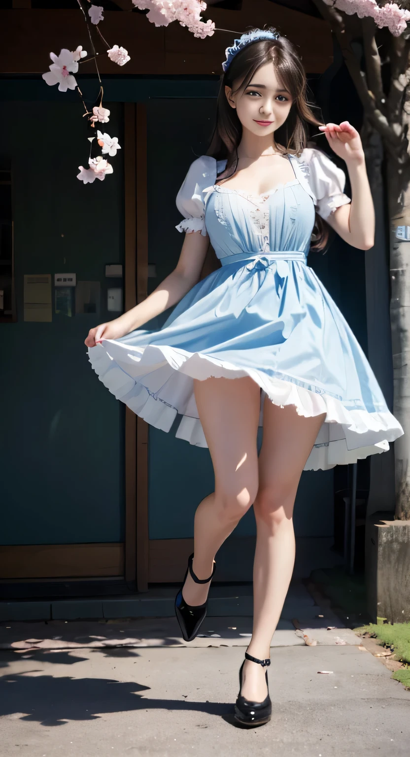 {highest quality}, {masterpiece, 超A high resolution}, (Photoreal:1.4), {{RAW photo}}, 
break,{{{A 16-year-old ****ta-like woman poses with her skirt pulled up and one leg raised.....:smile：detailed eye：double big eyes}}, , {Alice Blue Dress},
break, {white socks},and break{{,black shoes}, {background:cherry blossoms}