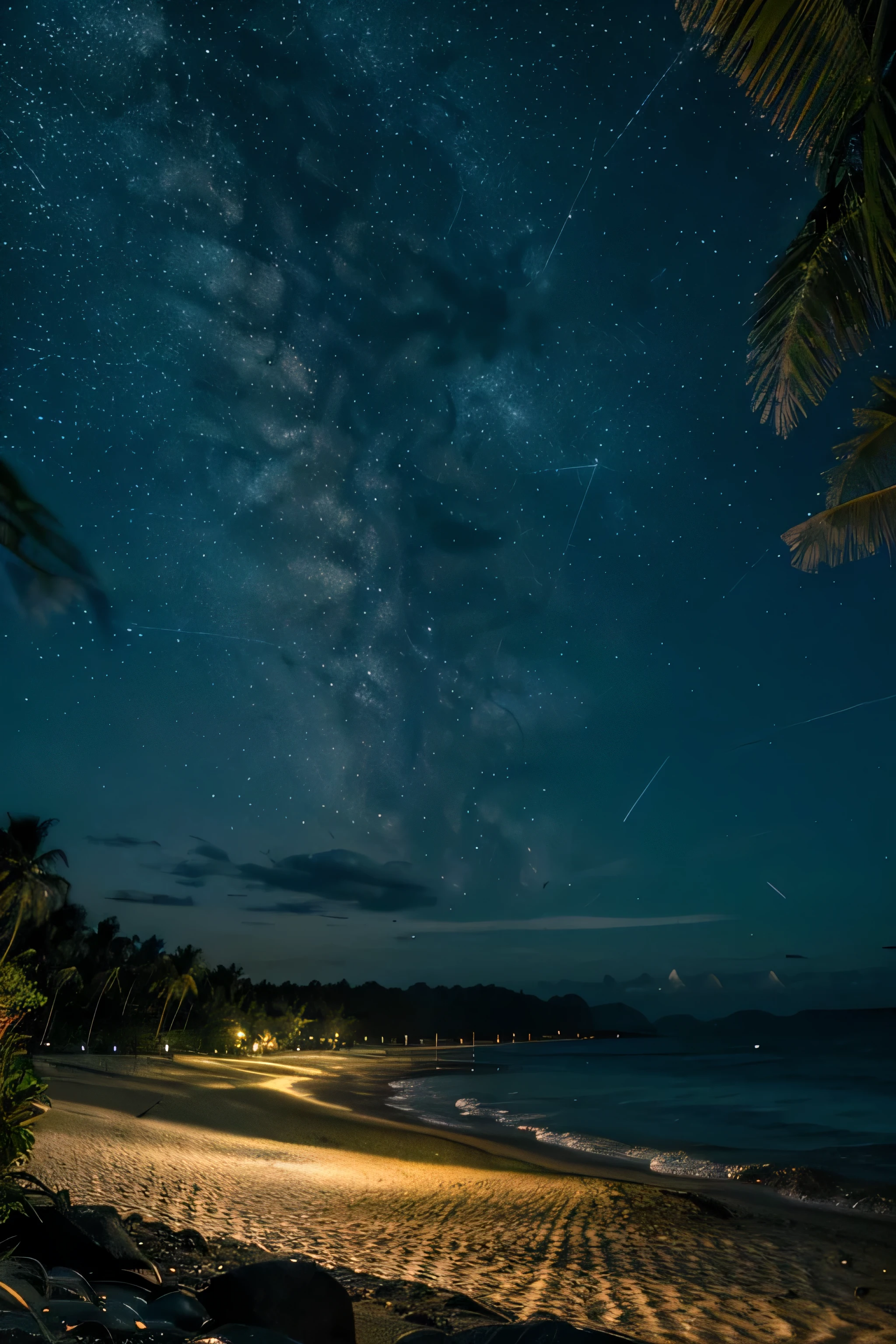 night view of an island (view camera: from the beach), "background: night view of sky with stars and light", island is bright and realistic with jungle side and sea side with beach.
