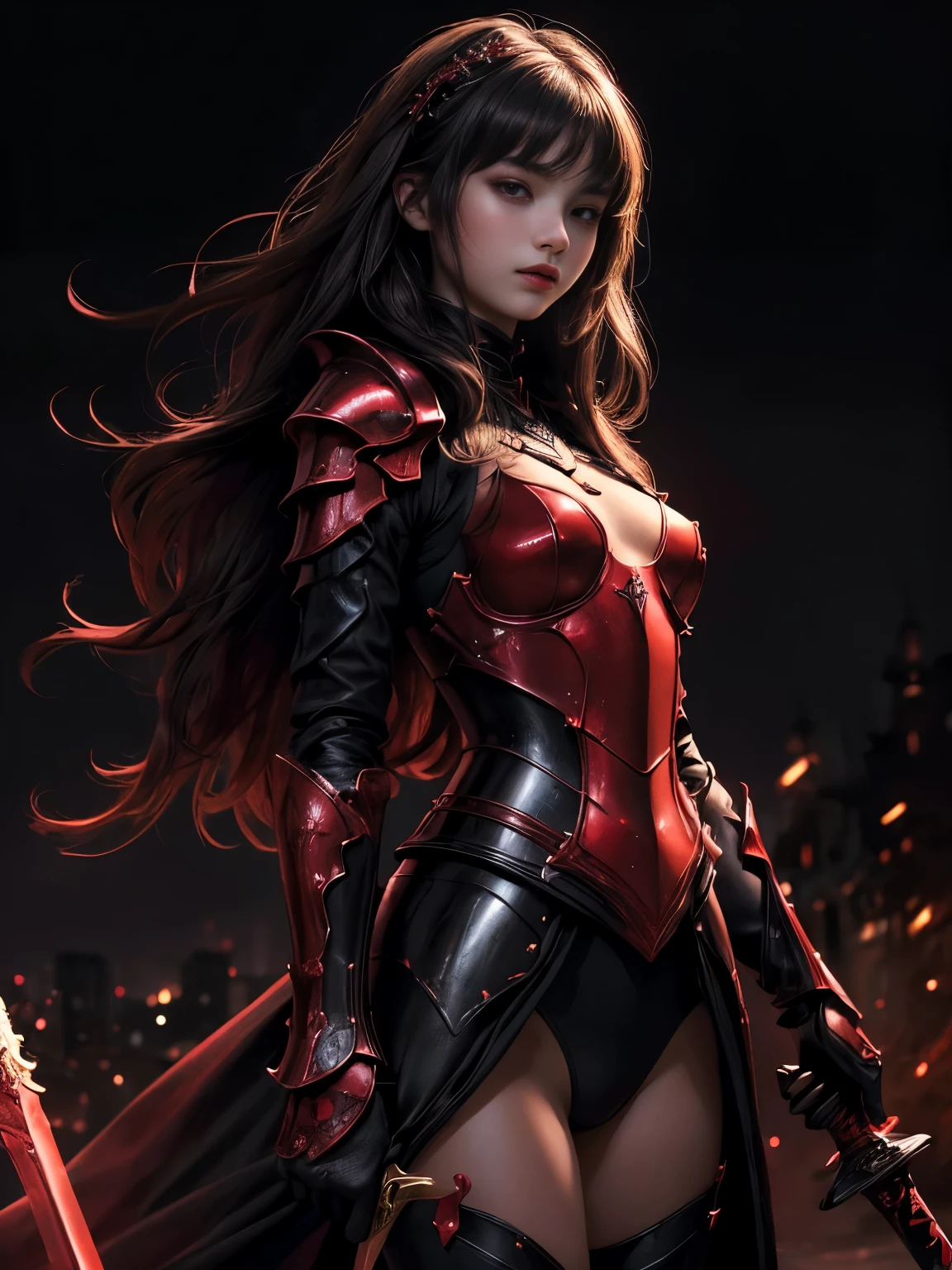 NSFW((masterpiece)), (((Best Quality))), ((Ultra-detailed)), (extremely detailed photo), ((extremely delicate and beautiful)),(Cute delicate face), (A dignified girl),(red and black full armor) ,(holding a black glowing sword ),against a dark background in a city,solo, double eyelid,delicate skin,slender body shape,