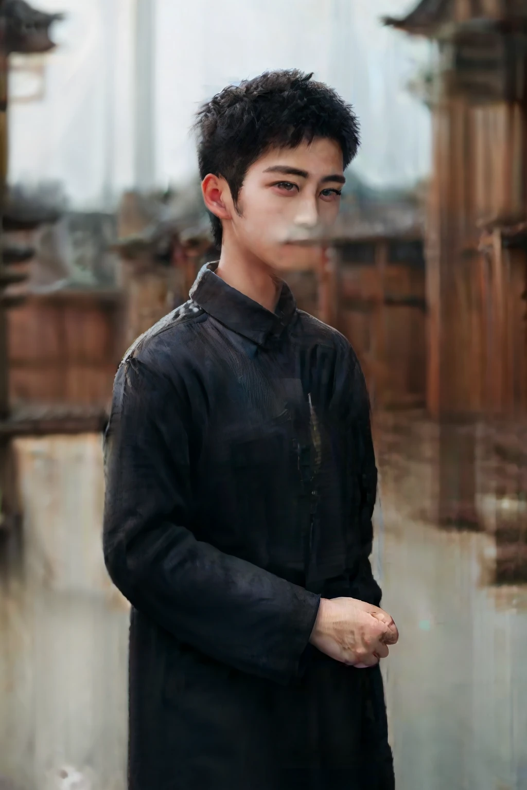 a boy,Wearing Chinese costumes,long black hair,ancient chinese architecture