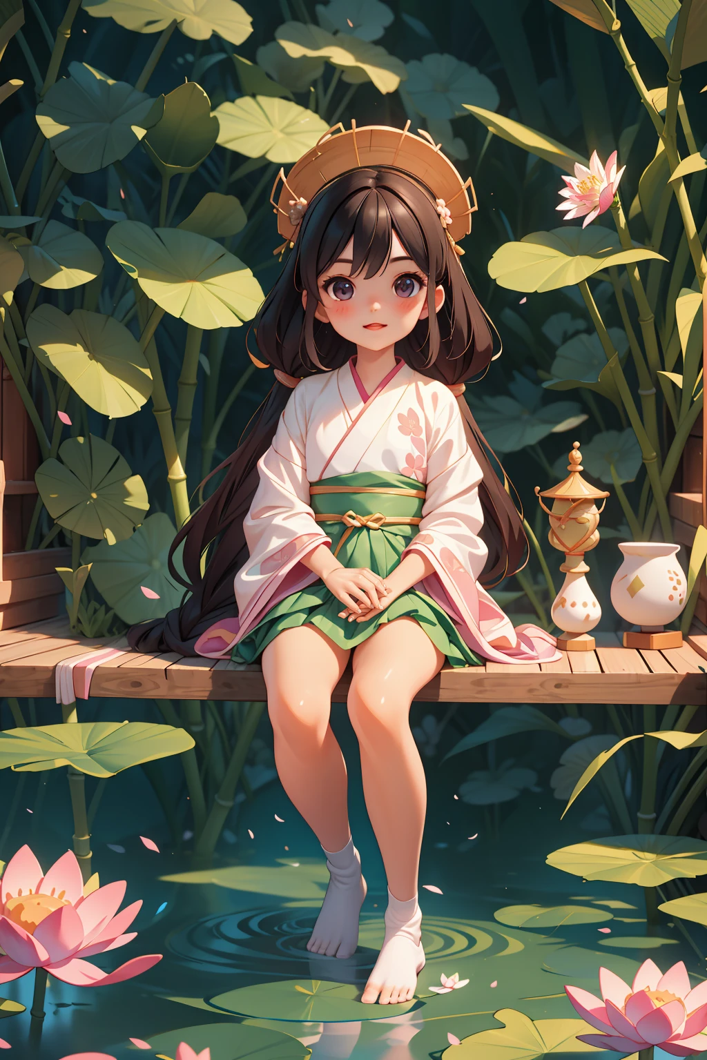 (best qualtiy,tmasterpiece,Hyper-realistic),1 beautiful and delicate portrait of a girl,Playful and cute,Pink Hanfu, Moon,Chao yang, sonoko, Bamboo, water lily, hot onsen, vapour, (illustration: 1.0), Epic composition, Realistic lighting, HD details, Masterpiece, Best quality, (Very detailed CG unity 8k