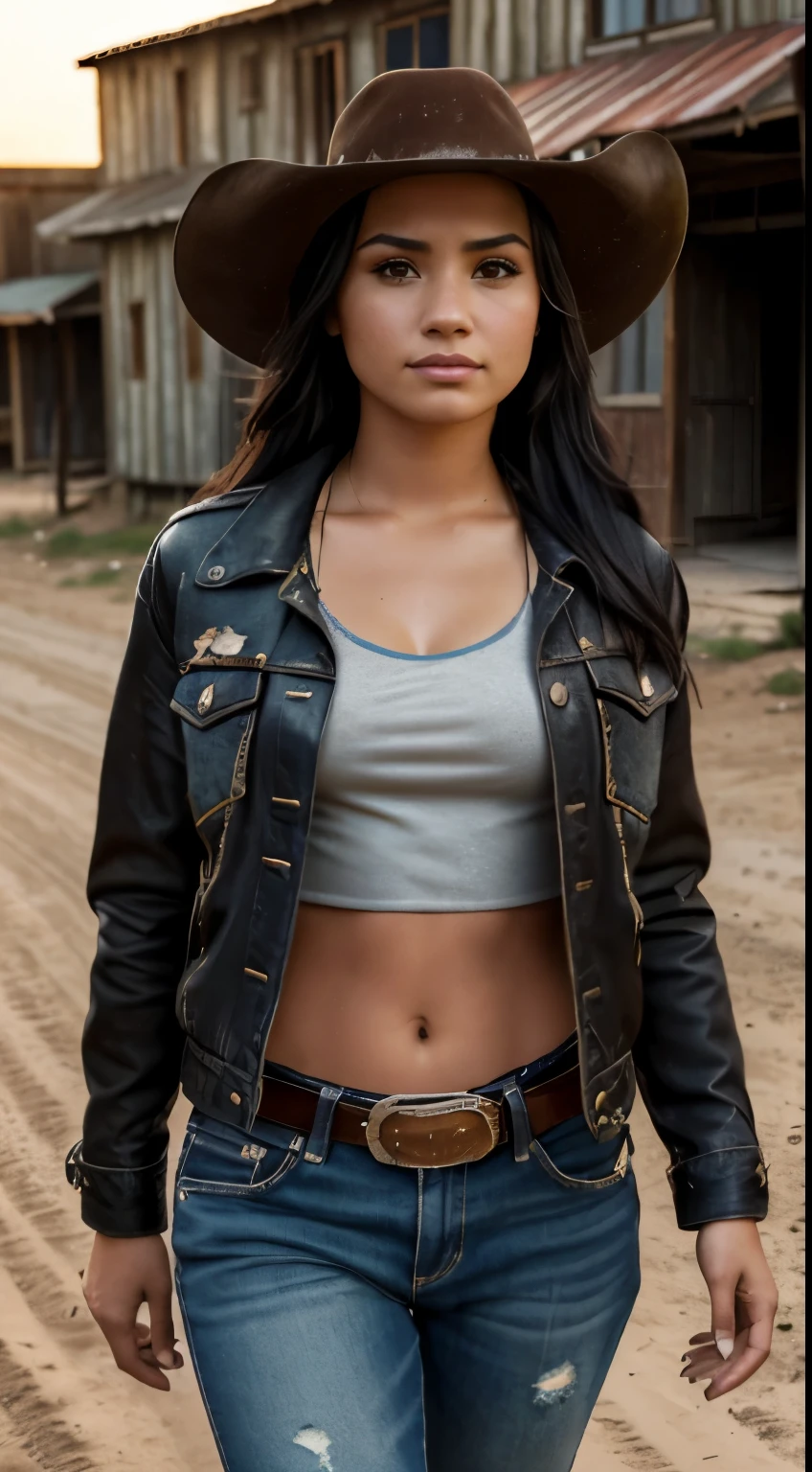 Foto hiperrealista en primer plano de Demi Lovato, masterpiece, best quality, (photorealistic:1.4), (cowboy outfit, jacket over shirt) Create dystopian masterpieces. Western theme, dusty atmosphere, wooden buildings, a setting sun casting long shadows, aged and worn costumes, anticipation in the air, intense standoff, empty street, deserted town, beautiful woman, skinny, large big breasts, black long hair, detailed face, smile, facing the camera, photo taken from a distance, age of 25 years old