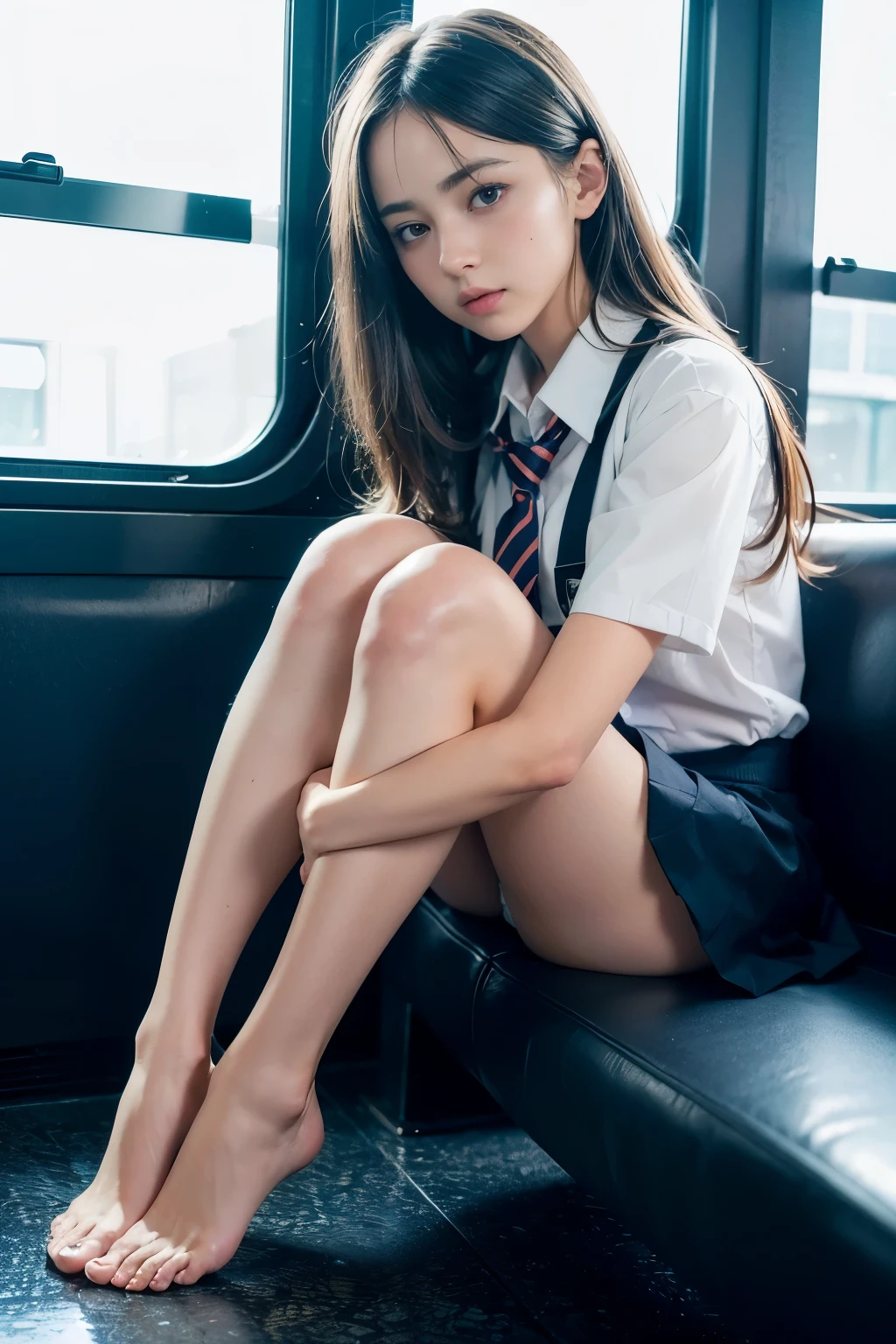 (RAW photo:1.2), (realistic), (golden ratio:1,618), adorable detailed girl, very detailed, beautiful and detailed eyes, 8k, High resolution, very detailed, highest quality, [table top:1.6], shape, very detailed, small details, highest quality, 8k wallpaper, movie lighting, train, ruffle miniskirt cropped school uniform, ((13 year old sexaroid released)), embarrassed look,, thin, immature body, (sit with your knees up), (aside white underwear)