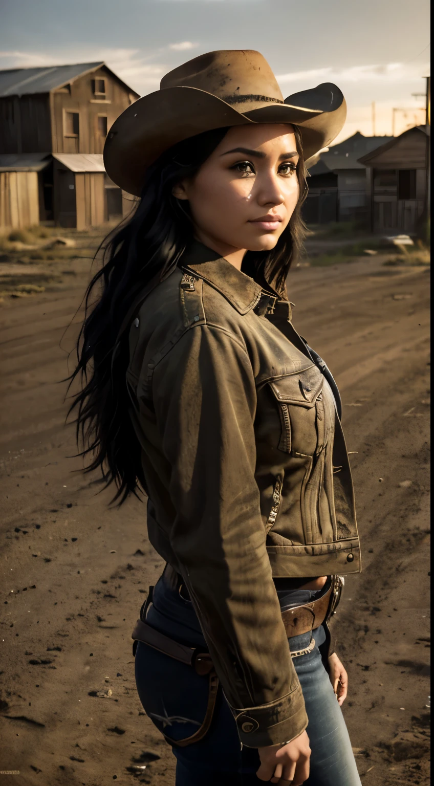 Foto hiperrealista en primer plano de Demi Lovato, masterpiece, best quality, (photorealistic:1.4), (cowboy outfit, jacket over shirt) Create dystopian masterpieces. Western theme, dusty atmosphere, wooden buildings, a setting sun casting long shadows, aged and worn costumes, anticipation in the air, intense standoff, empty street, deserted town, beautiful woman, skinny, large big breasts, black long hair, detailed face, smile, facing the camera, photo taken from a distance, age of 25 years old
