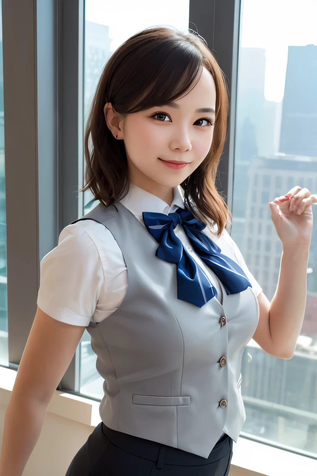 1girl, matured female, vest, bow, photo, realistic, best quality, hires, detailed face, office, buildings from window, detailed background, diffused sunlight, depth of field, bokeh